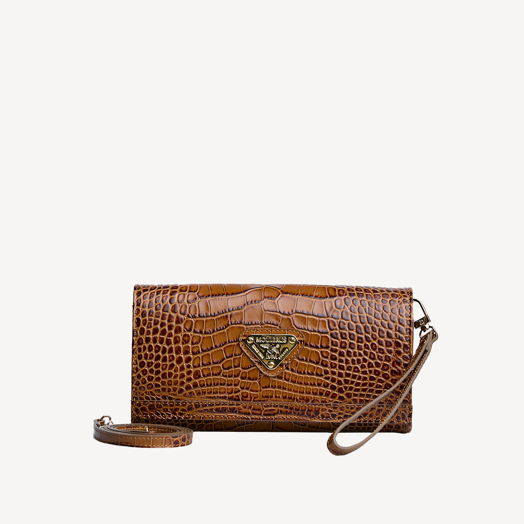 FRESENS | Clutch Croco miele marrone/oro - frontale