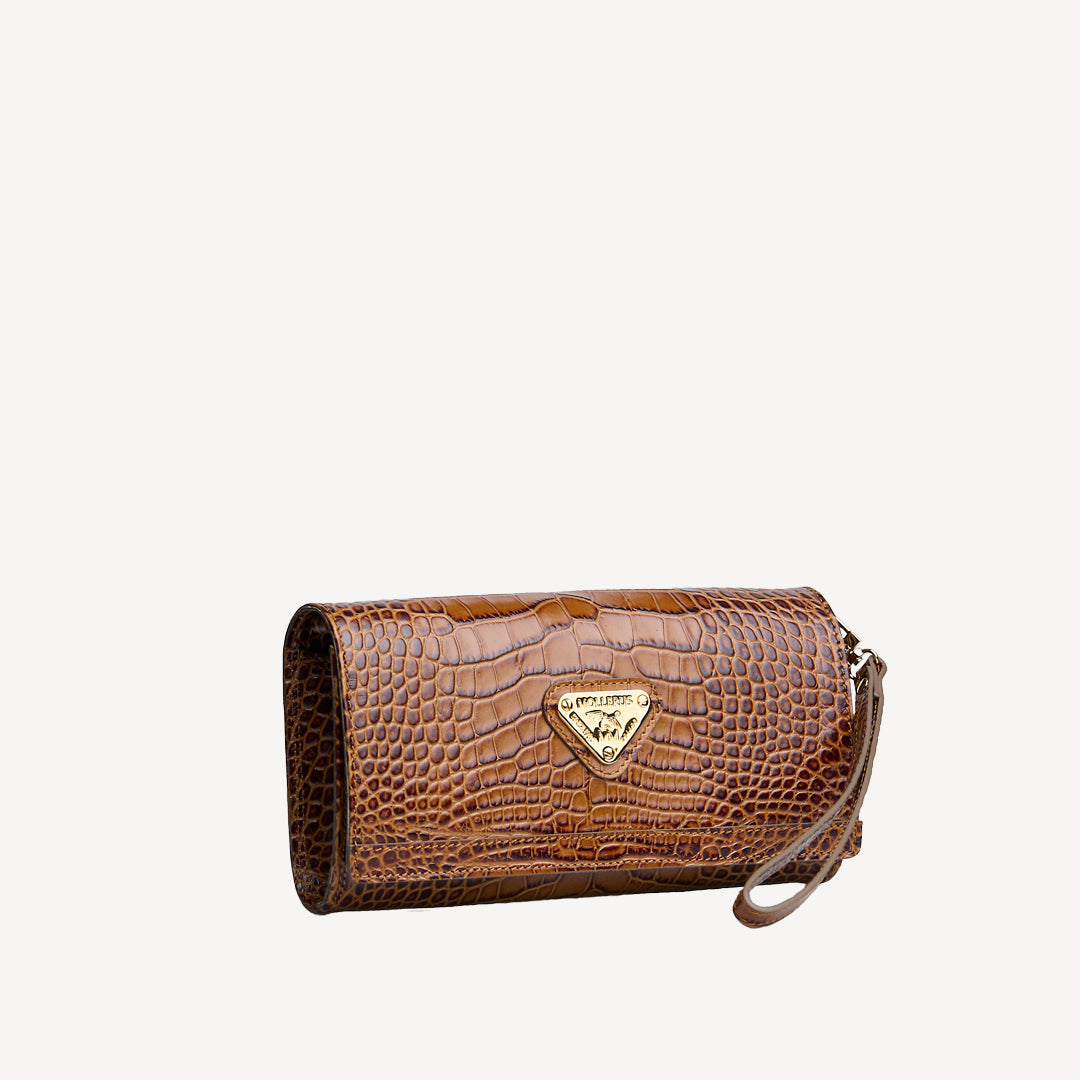 FRESENS | Clutch Croco miele marrone/oro - vista laterale