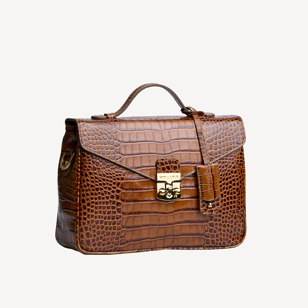 MARLY | Umhängetasche Croco honey braun/gold - seitlich