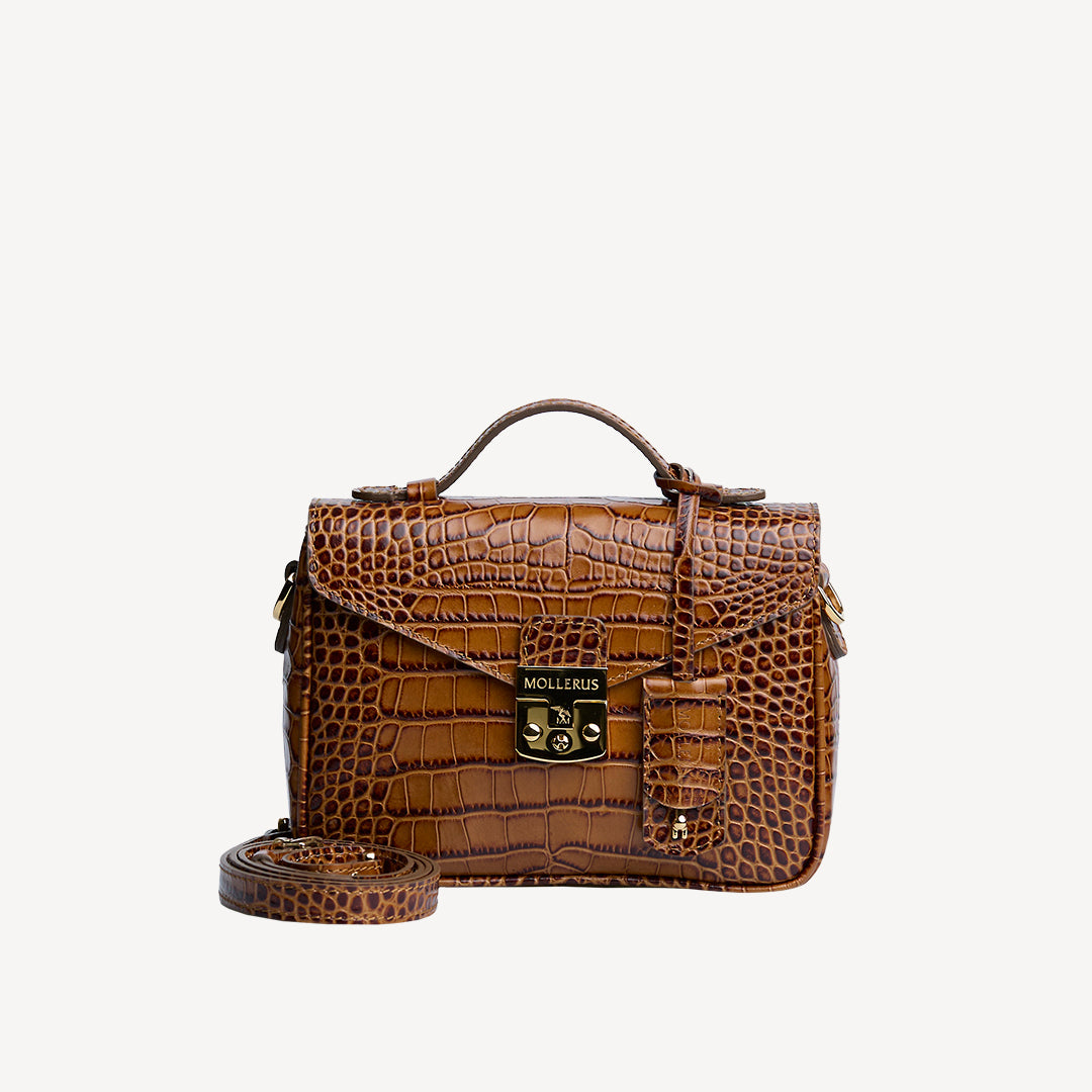 MEYRIN | Umhängetasche Croco honey braun/gold - frontal
