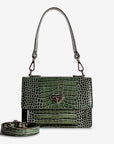 URSY | Umhängetasche Croco moosgrün/silber – frontal
