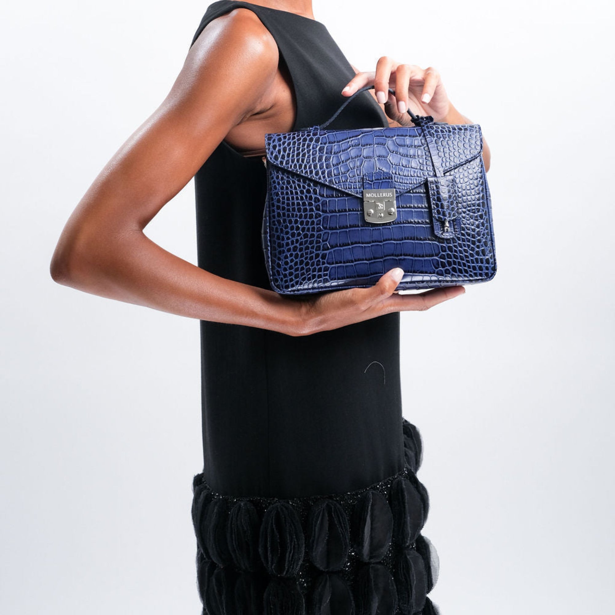 MARLY | Sac bandoulière croco bleu saphir/argent