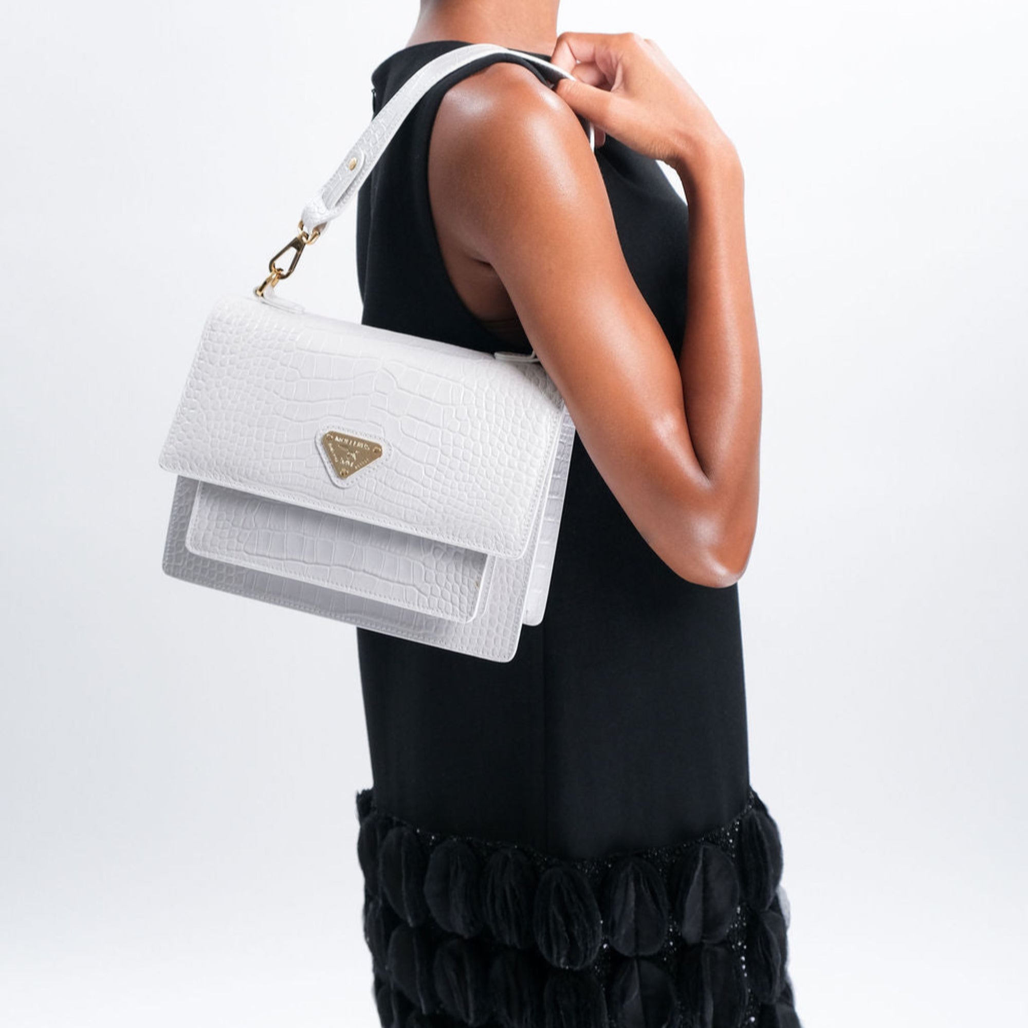 URSY | Sac bandoulière Croco Snow blanc/doré