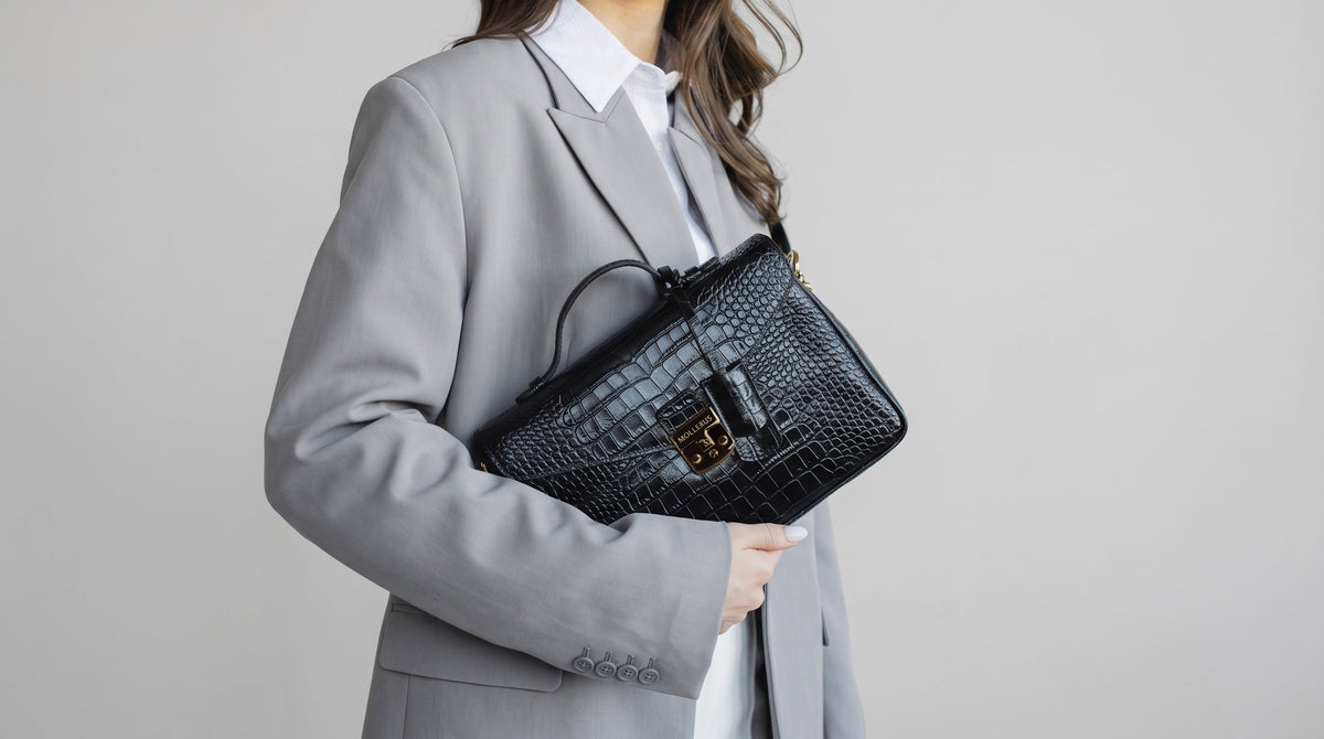 Kalbsleder in Croco-Optik Classic Schwarz Gold