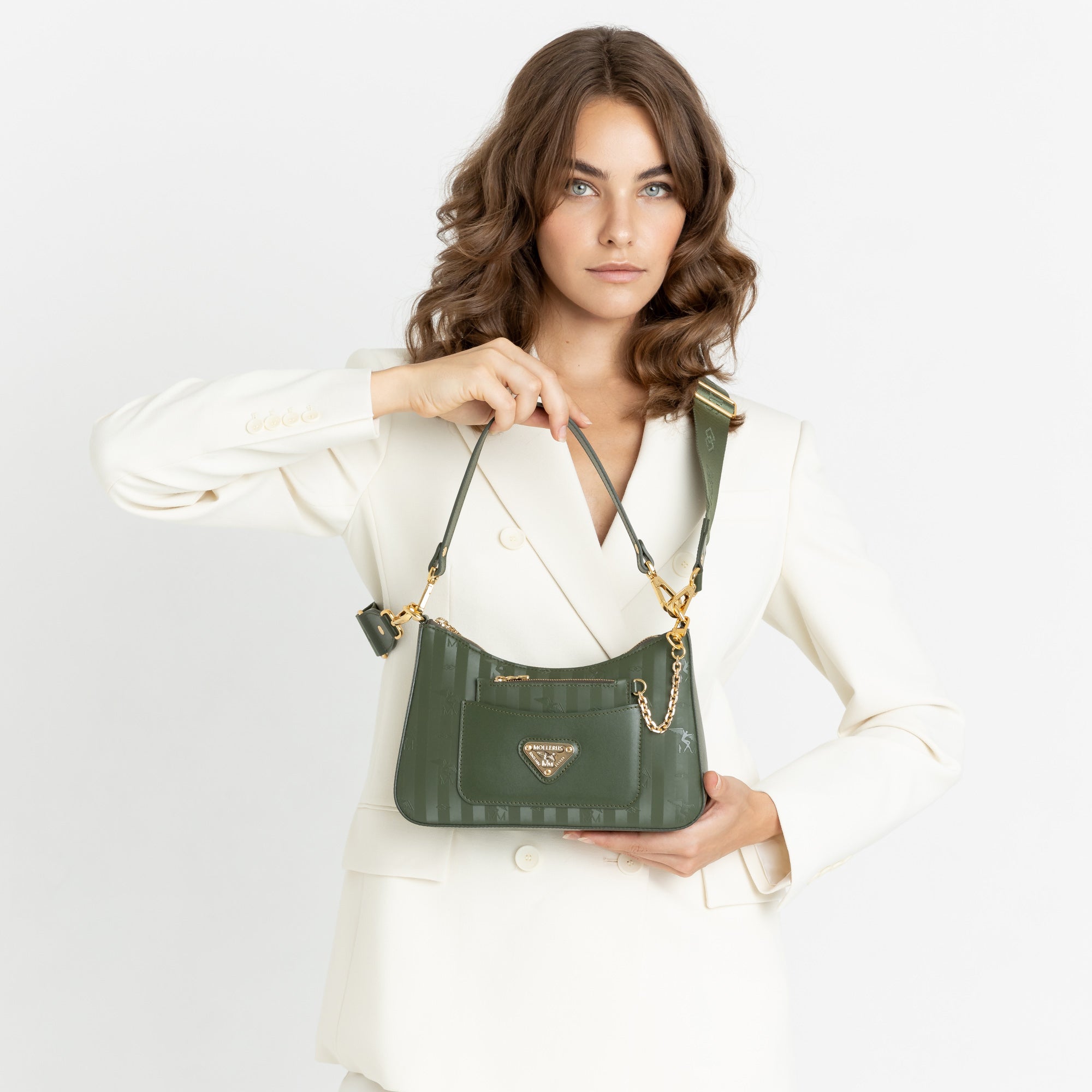 CASTIEL | Schultertasche olive grün/gold - on body