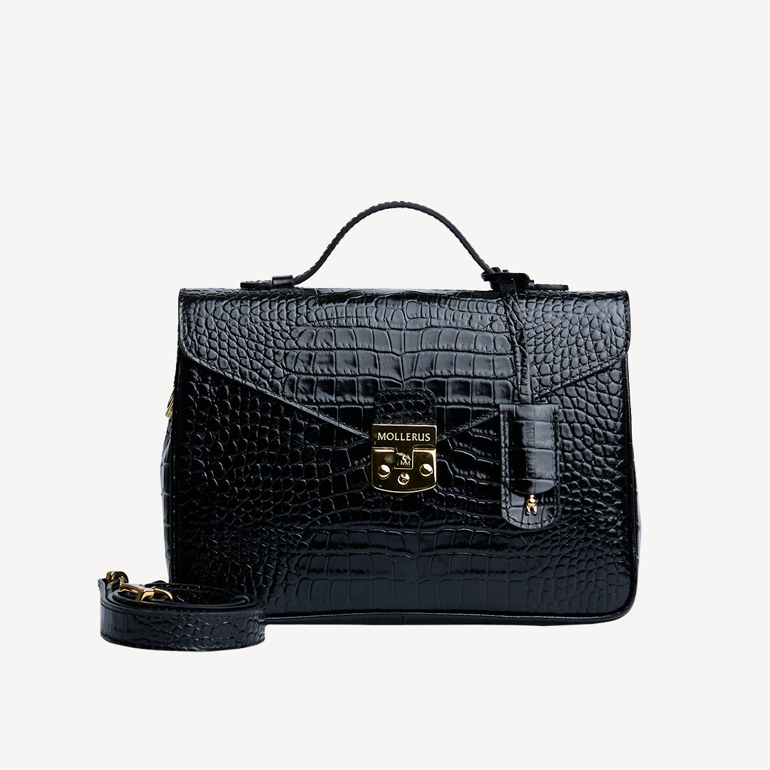 MARLY | Umhängetasche Croco schwarz/gold - frontal