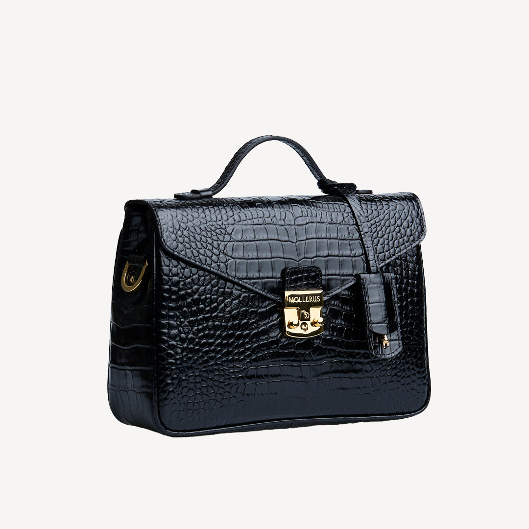 MARLY | Umhängetasche Croco schwarz/gold - seitlich