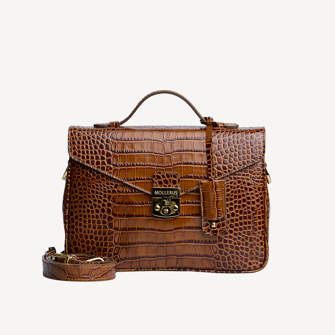 MARLY | Umhängetasche Croco honey braun/gold - frontal