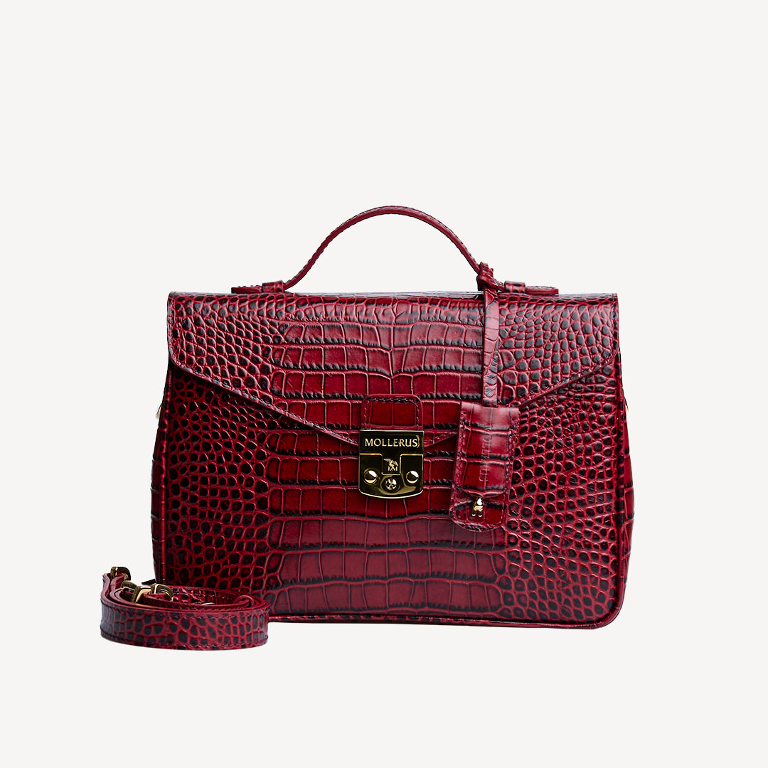 MARLY | Umhängetasche Croco antique rot/gold - frontal