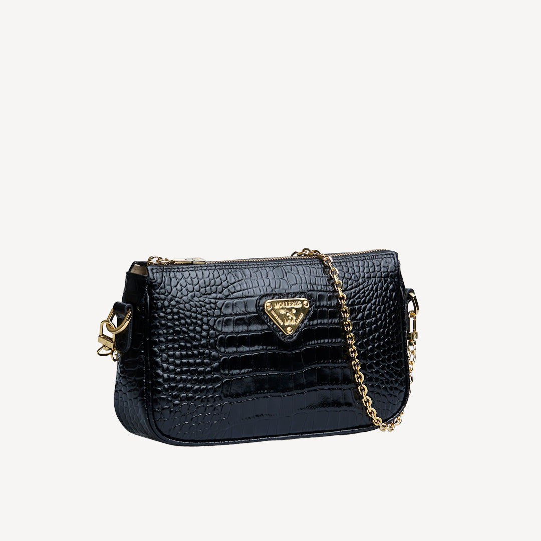 ZELL| Umhängetasche Croco schwarz/gold - seitlich