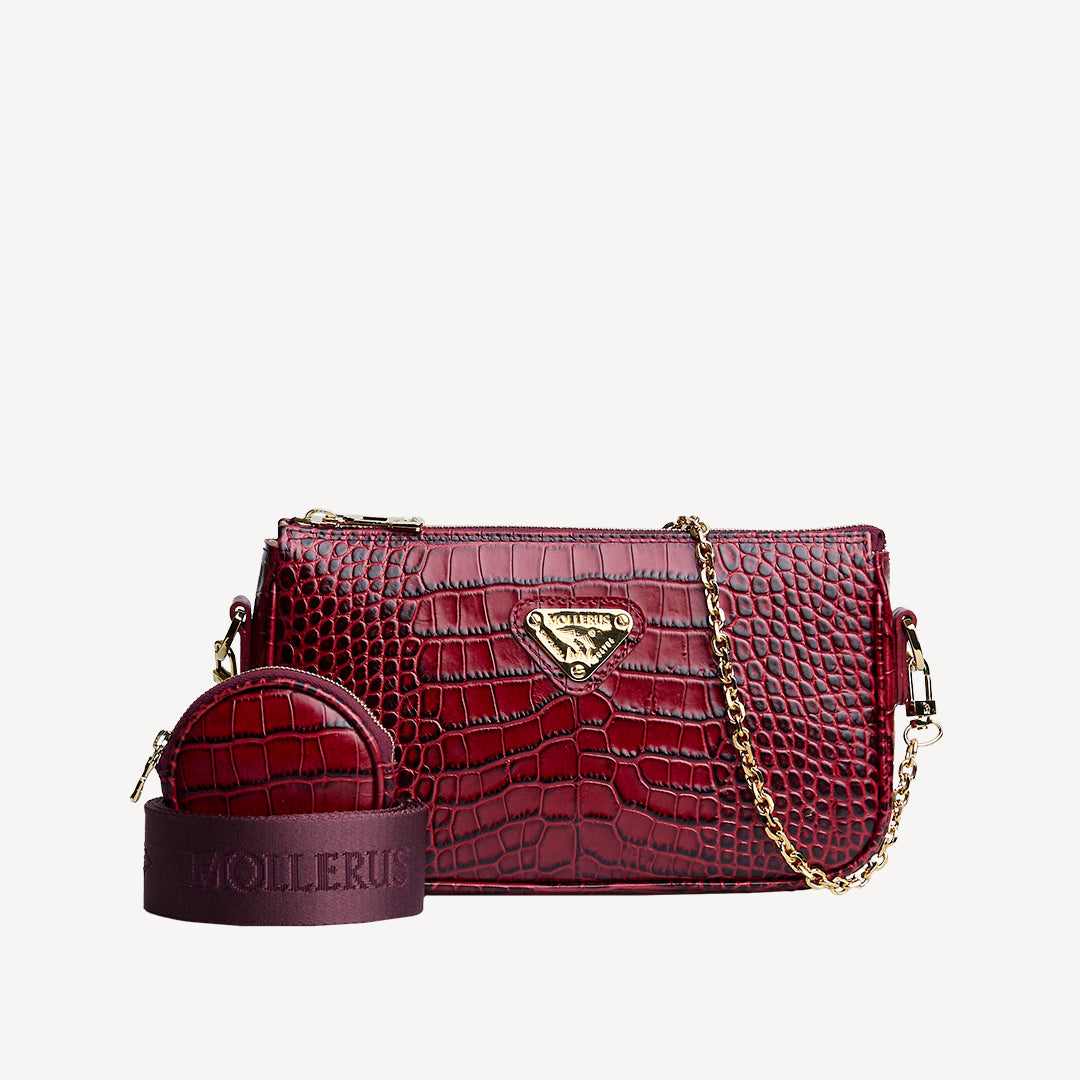 ZELL| Umhängetasche Croco antique rot/gold - frontal