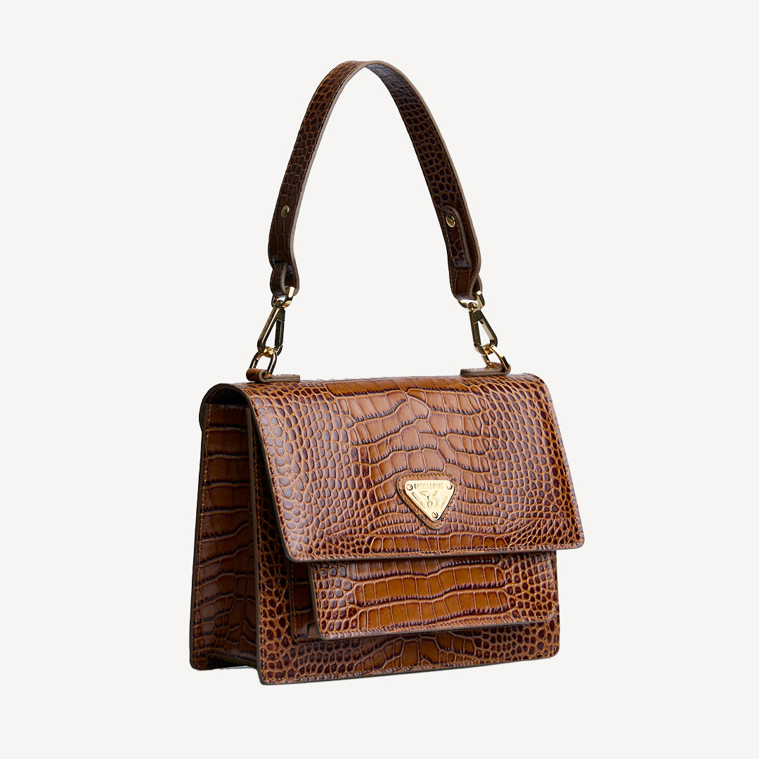 FEY | Borsa a spalla Croco honey marrone/oro - vista laterale
