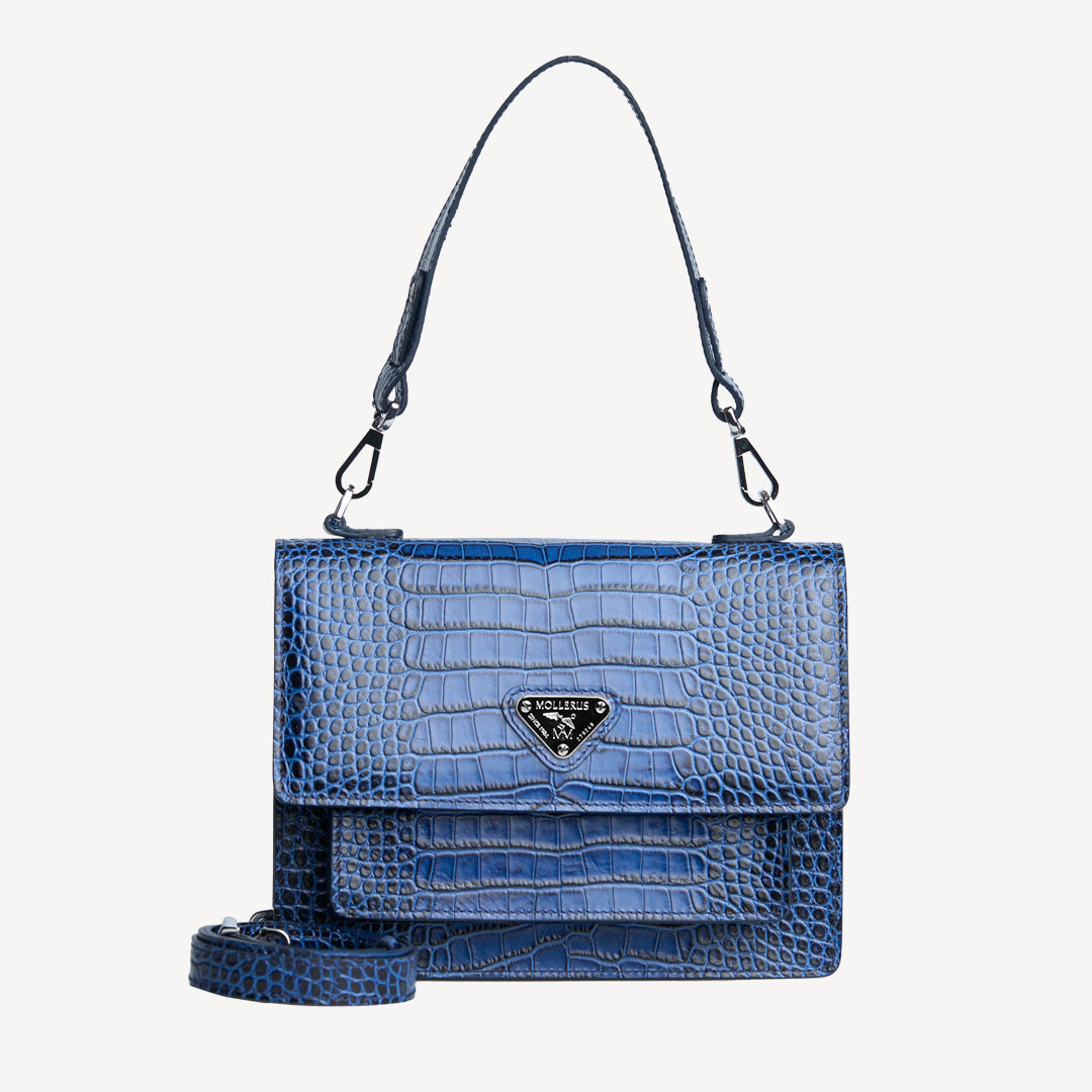 FEY | Schultertasche Croco sapphire blau/silber - frontal
