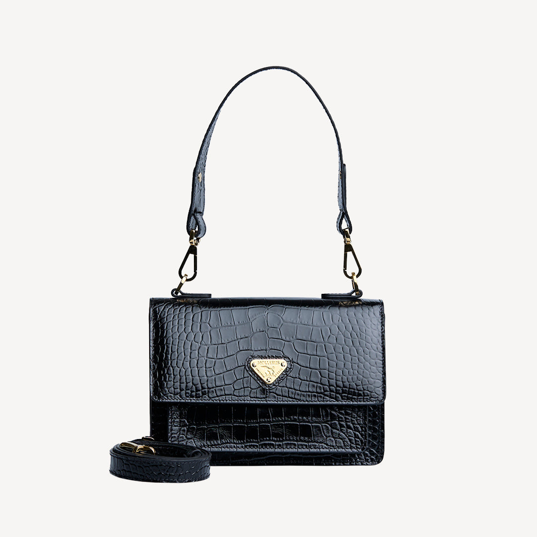 URSY | Umhängetasche croco schwarz/gold - FRONTAL