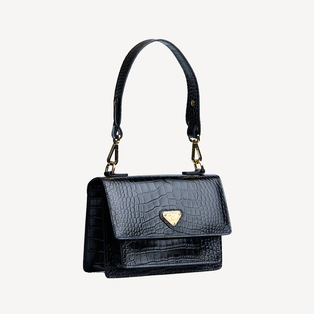 URSY | Umhängetasche croco schwarz/gold - seitlich