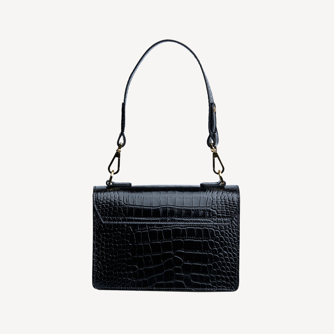 URSY | Umhängetasche croco schwarz/gold - von hinten