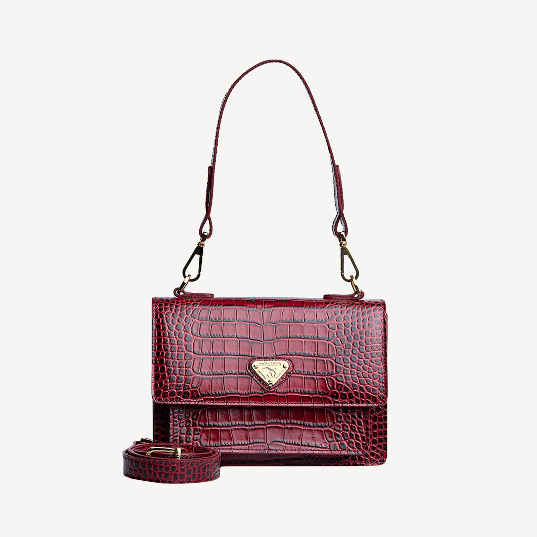 URSY | Umhängetasche croco antique rot/gold - frontal