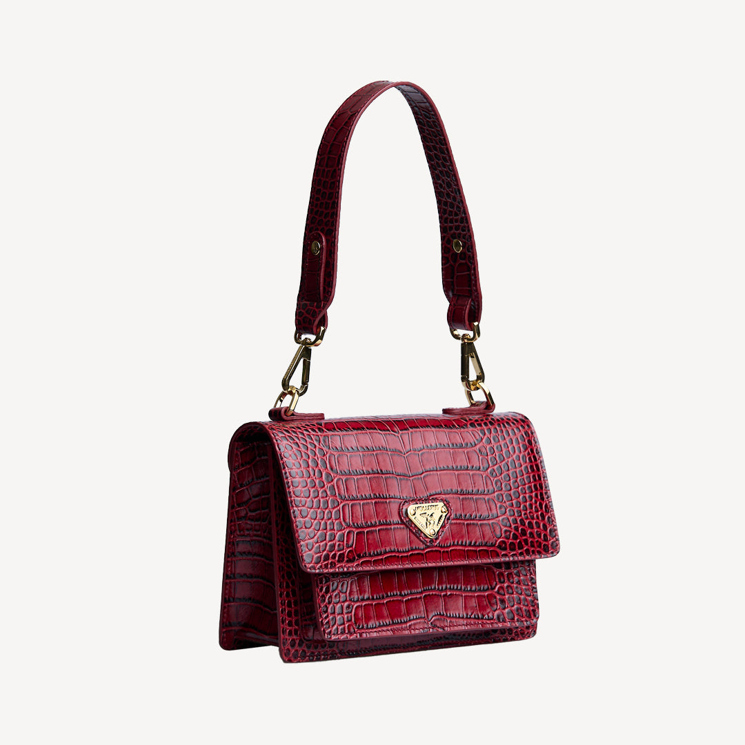 URSY | Umhängetasche croco antique rot/gold - seitlich