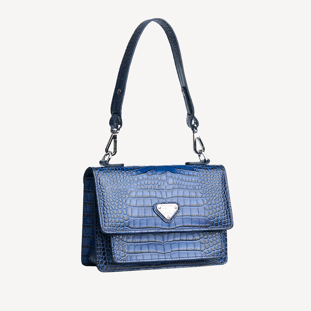 URSY | Umhängetasche croco sapphire blau/silber - seitlich