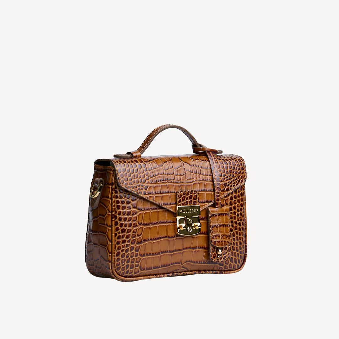 MEYRIN | Umhängetasche Croco honey braun/gold - seitlich
