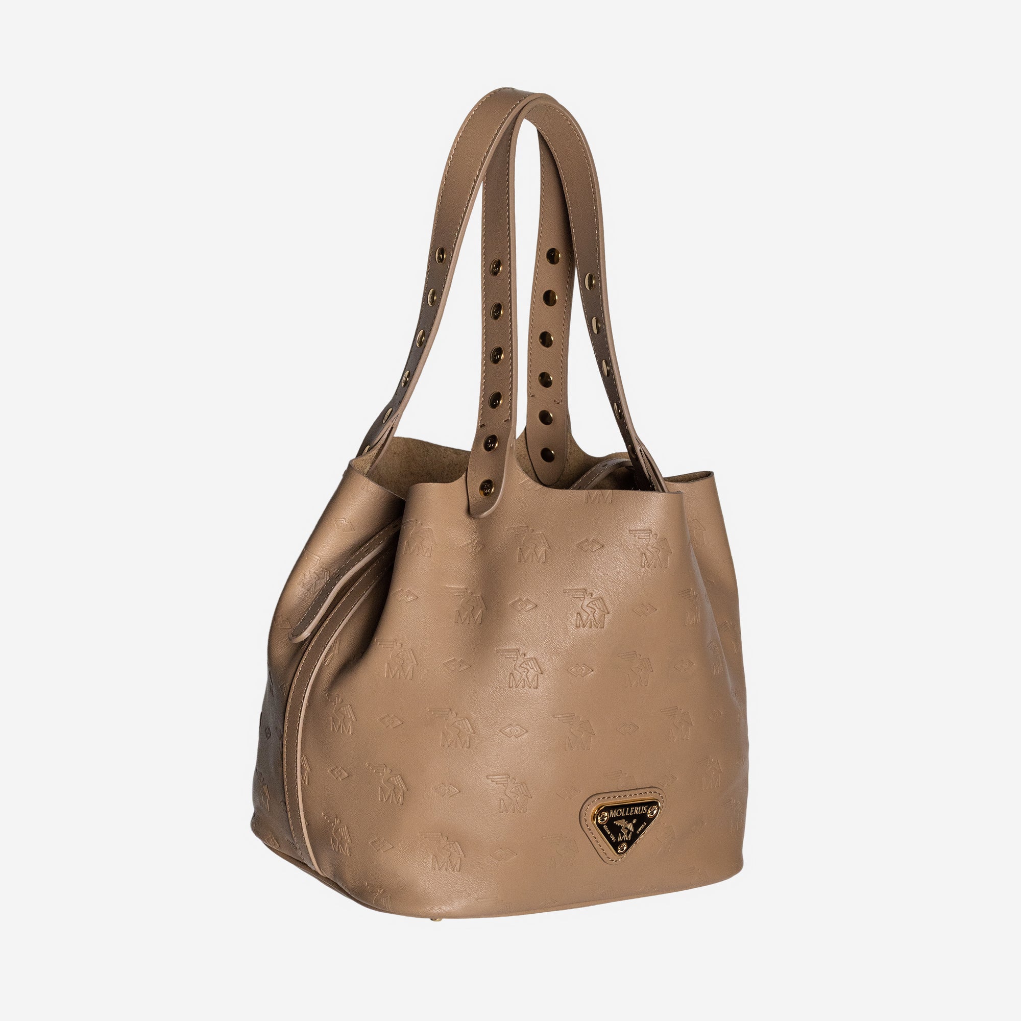 LIDDES | Umhängetasche Stampato cappuccino/gold - seitlich hängend 