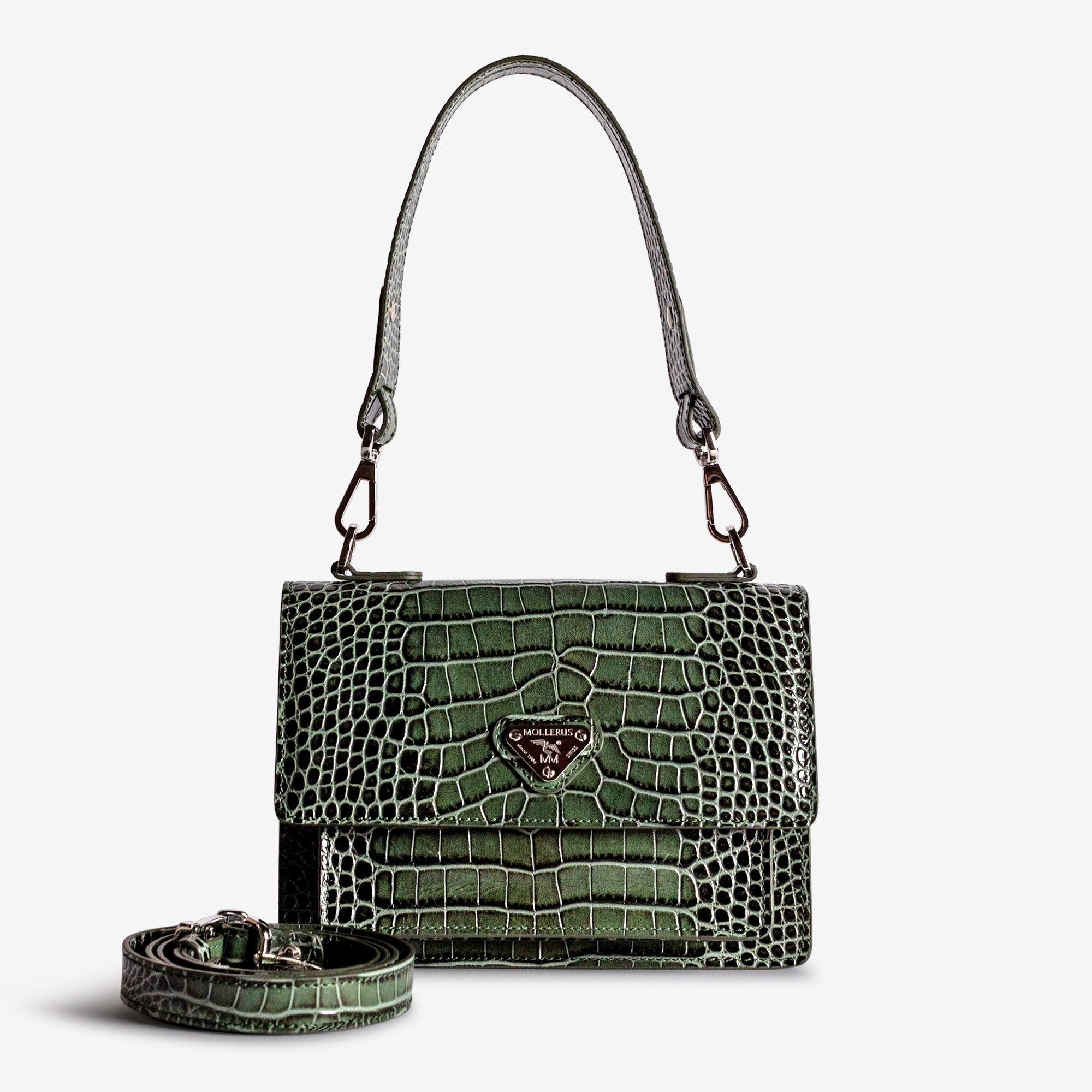 URSY | Umhängetasche Croco moosgrün/silber – frontal