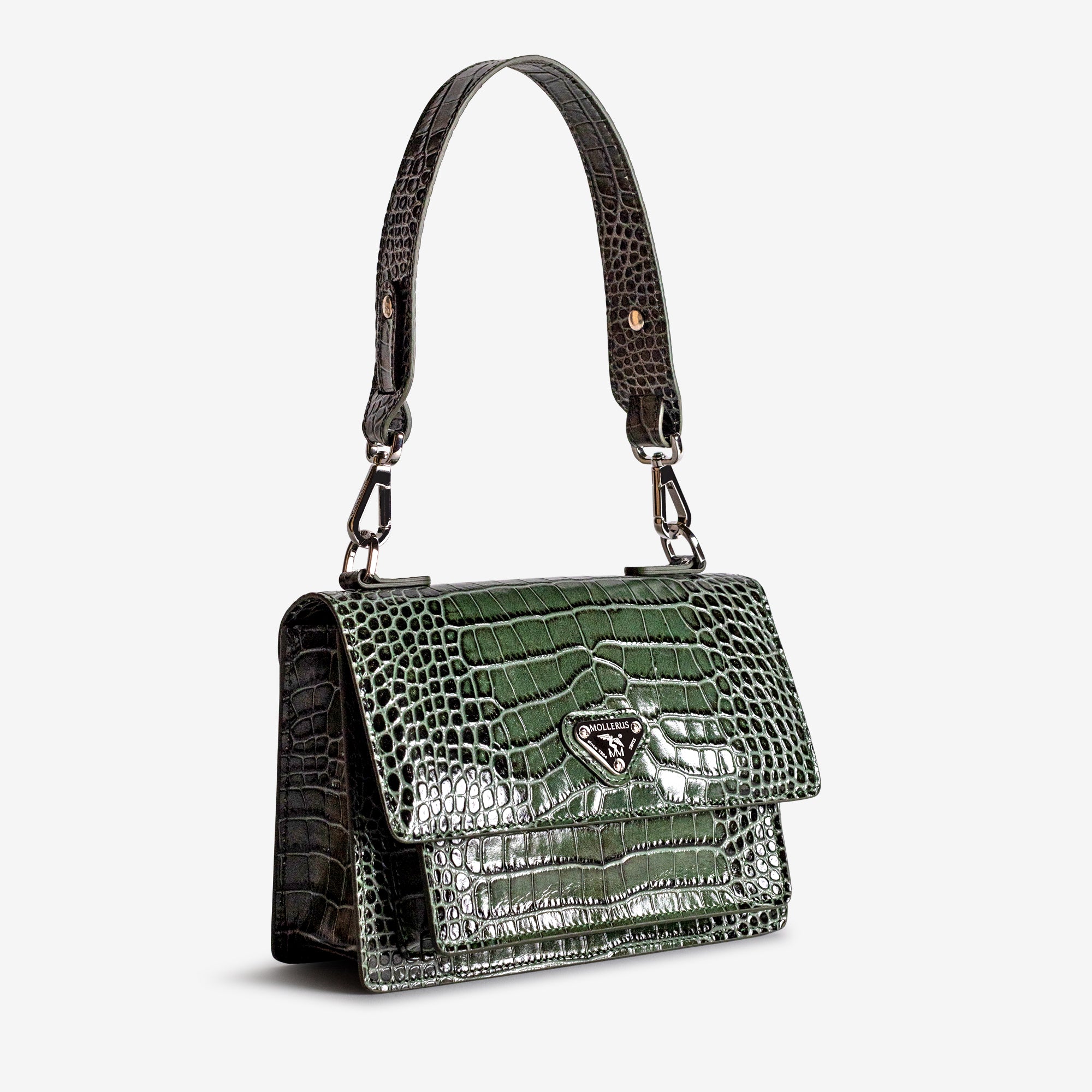 URSY | Umhängetasche Croco moosgrün/silber – seitlich