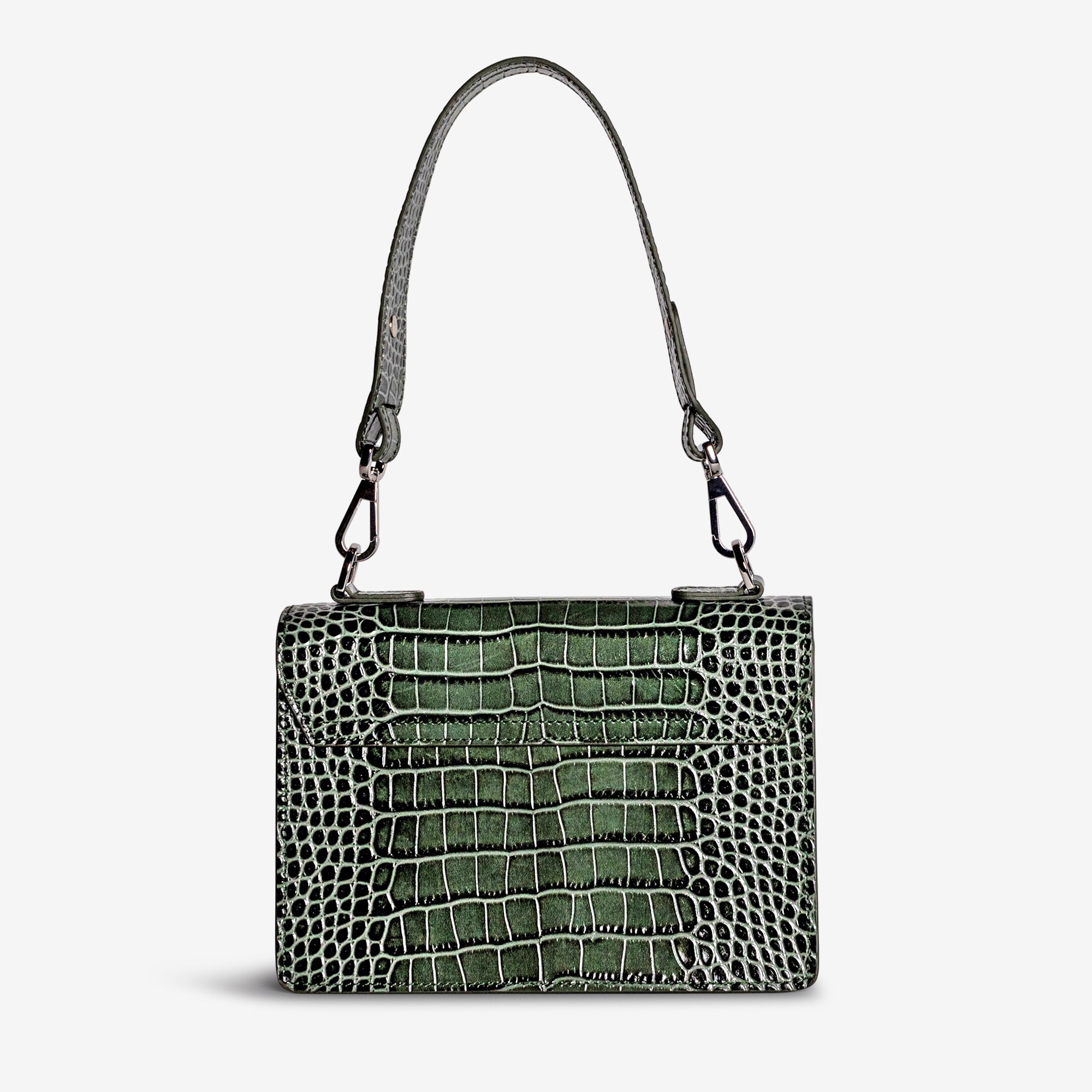 URSY | Umhängetasche Croco moosgrün/silber – hinten