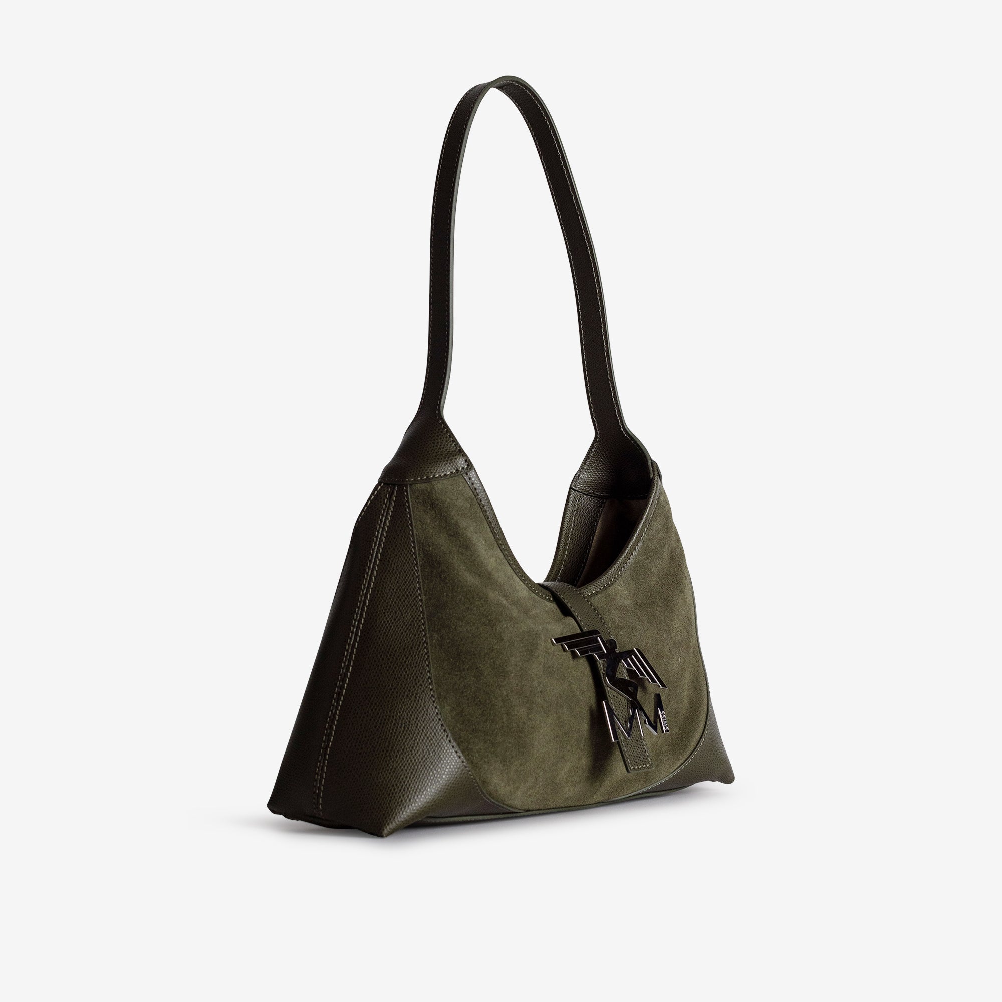 GSTAAD | Schultertasche Wildleder moosgrün/gold - leicht seitich