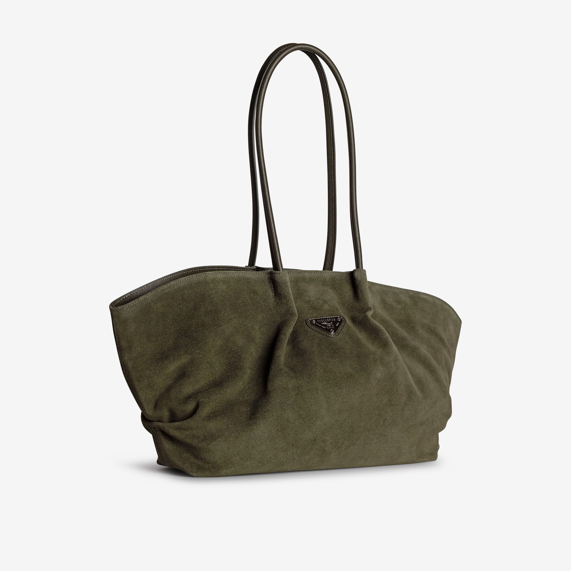 ANDERMATT | Schultertasche Wildleder moosgrün/gold - leicht seitlich