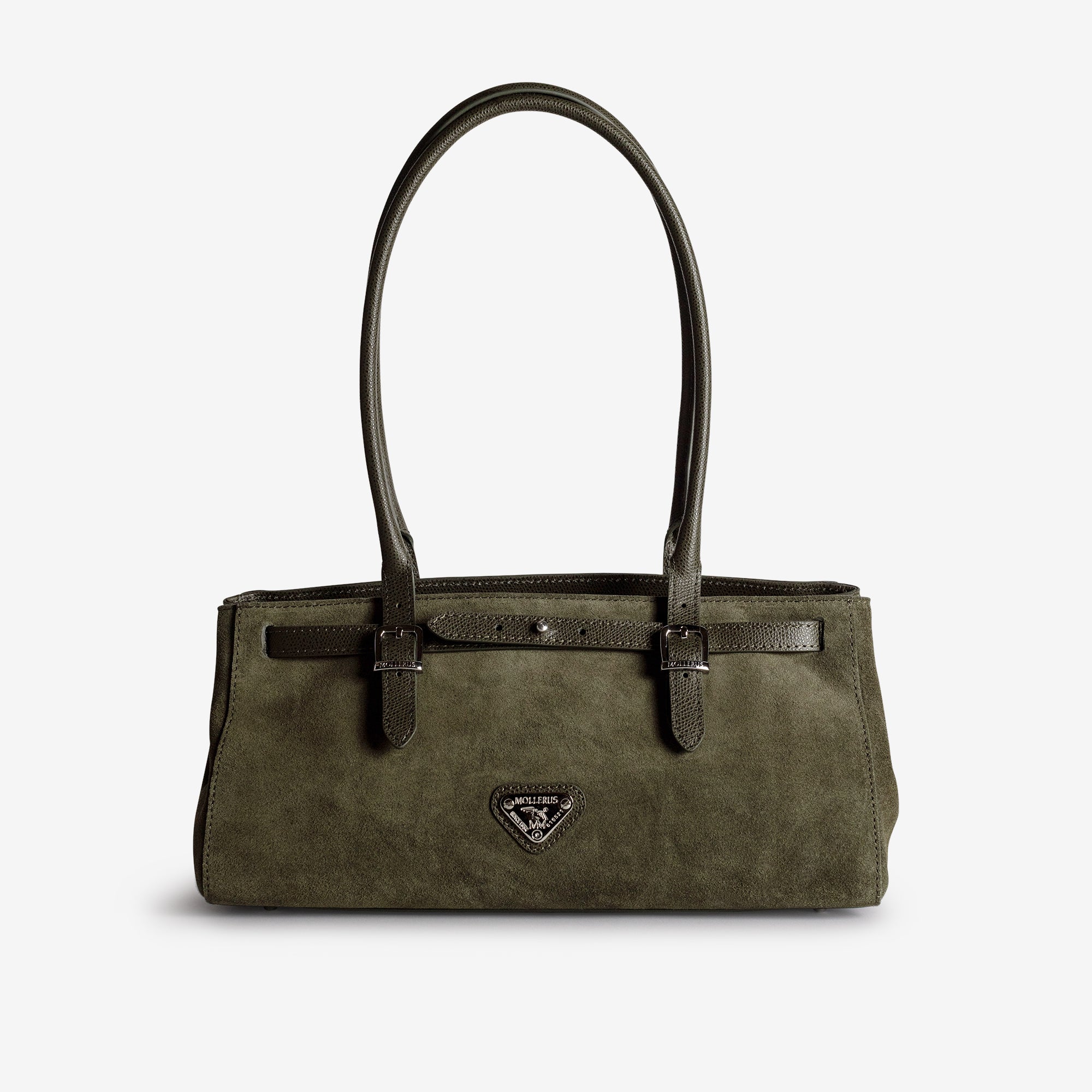 RUE | Schultertasche Wildleder moosgrün/gold - frontal