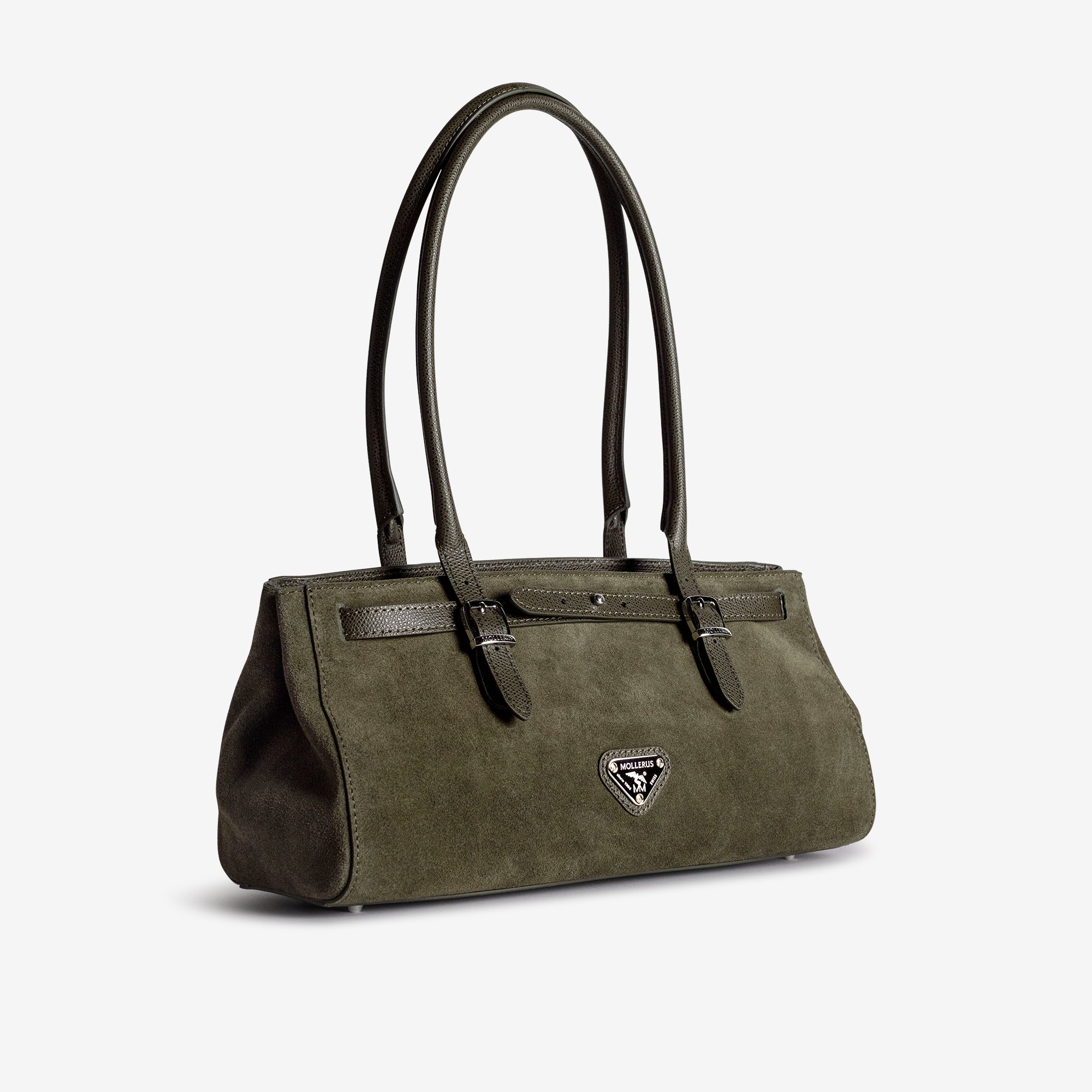 RUE | Schultertasche Wildleder moosgrün/gold - leicht seitlich