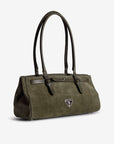 RUE | Schultertasche Wildleder moosgrün/gold - leicht seitlich