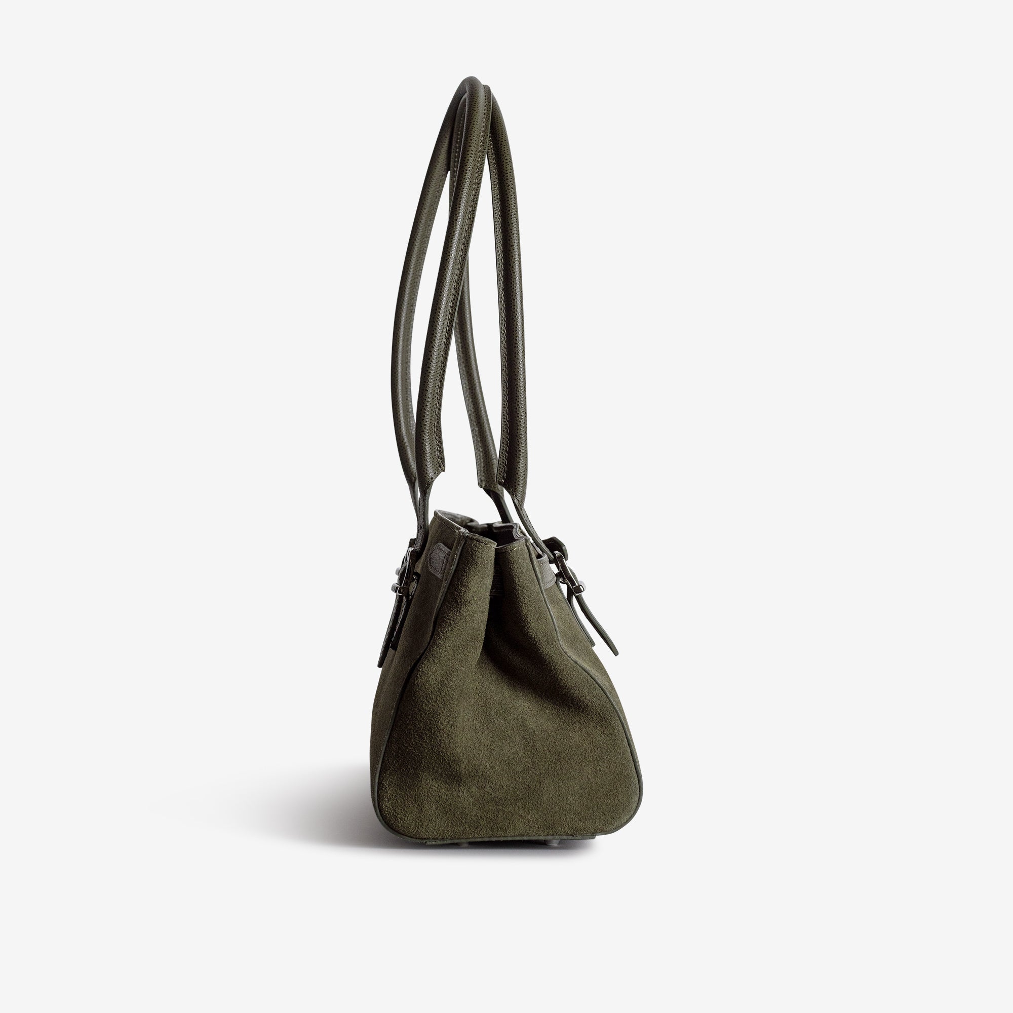 RUE | Schultertasche Wildleder moosgrün/gold -seitlich