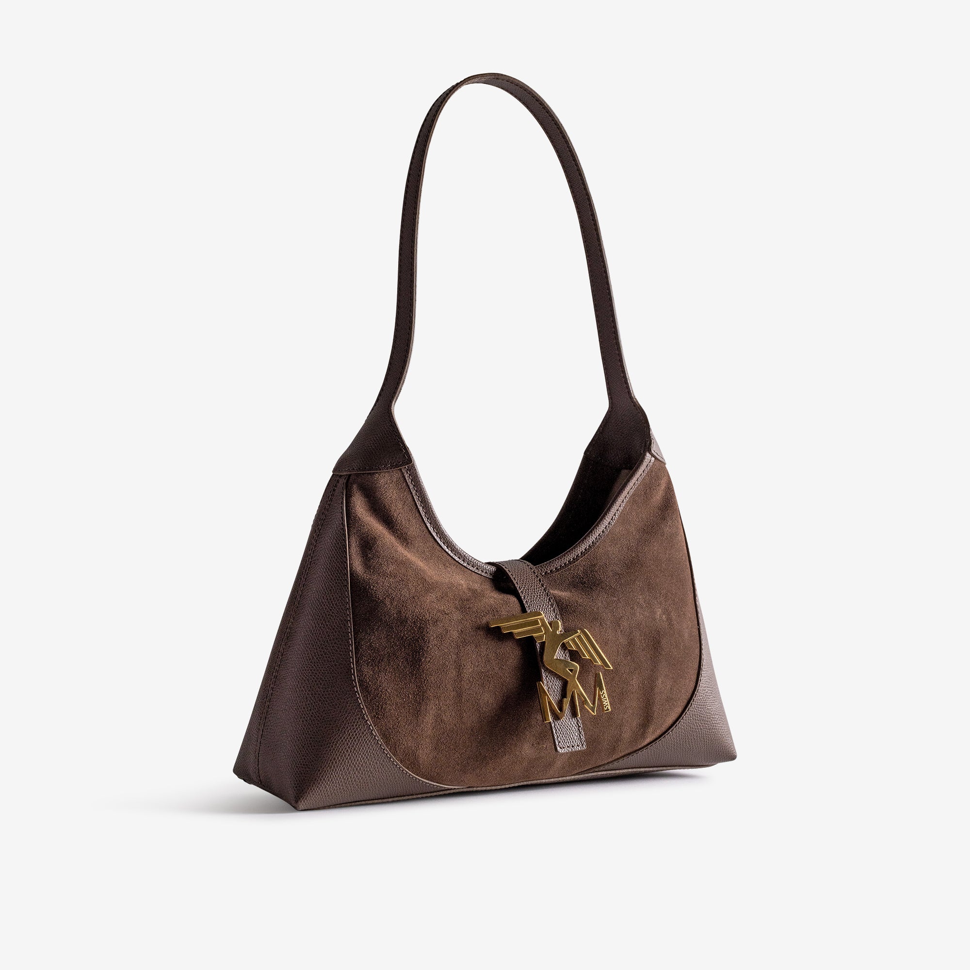 GSTAAD | Schultertasche Wildleder braun/gold - leicht seitlich