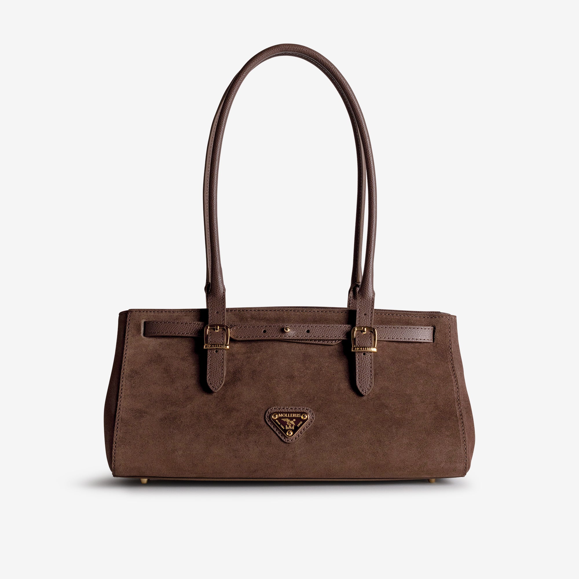 RUE | Schultertasche Wildleder braun/gold - frontal
