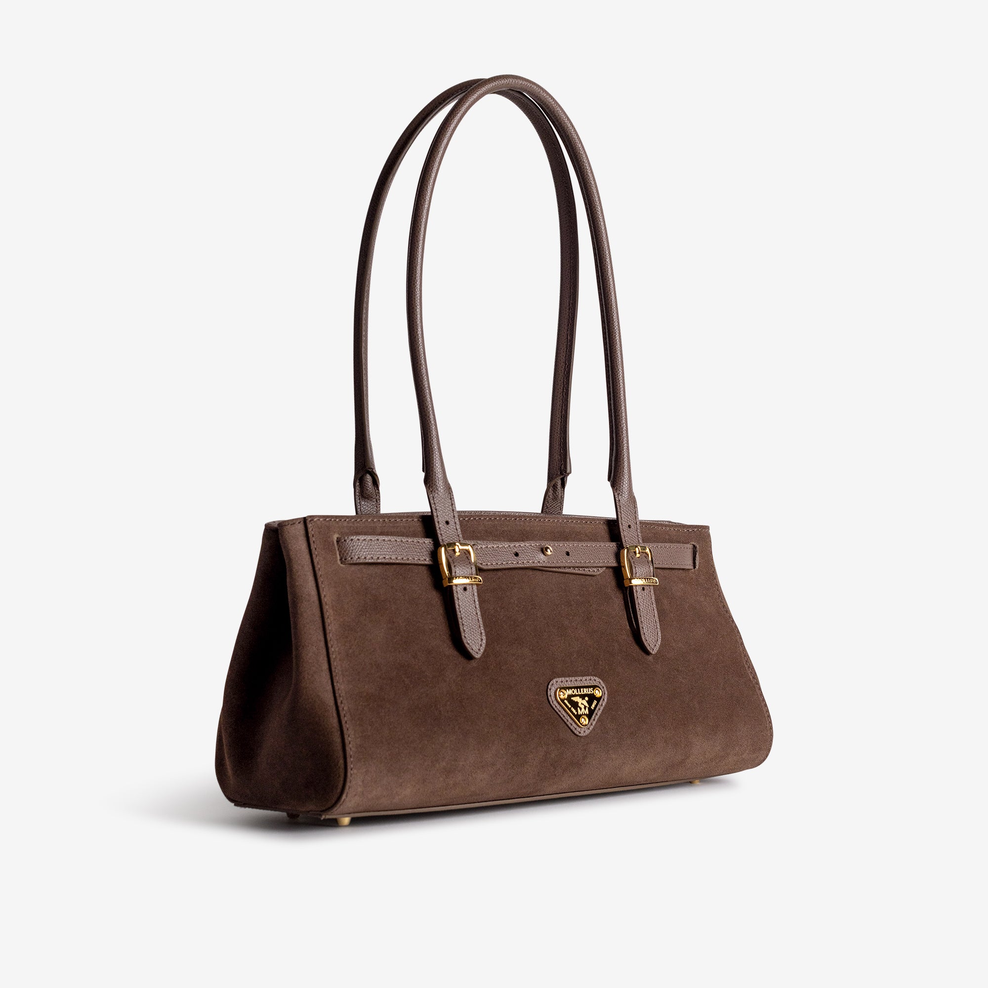 RUE | Schultertasche Wildleder braun/gold - leicht seitlich