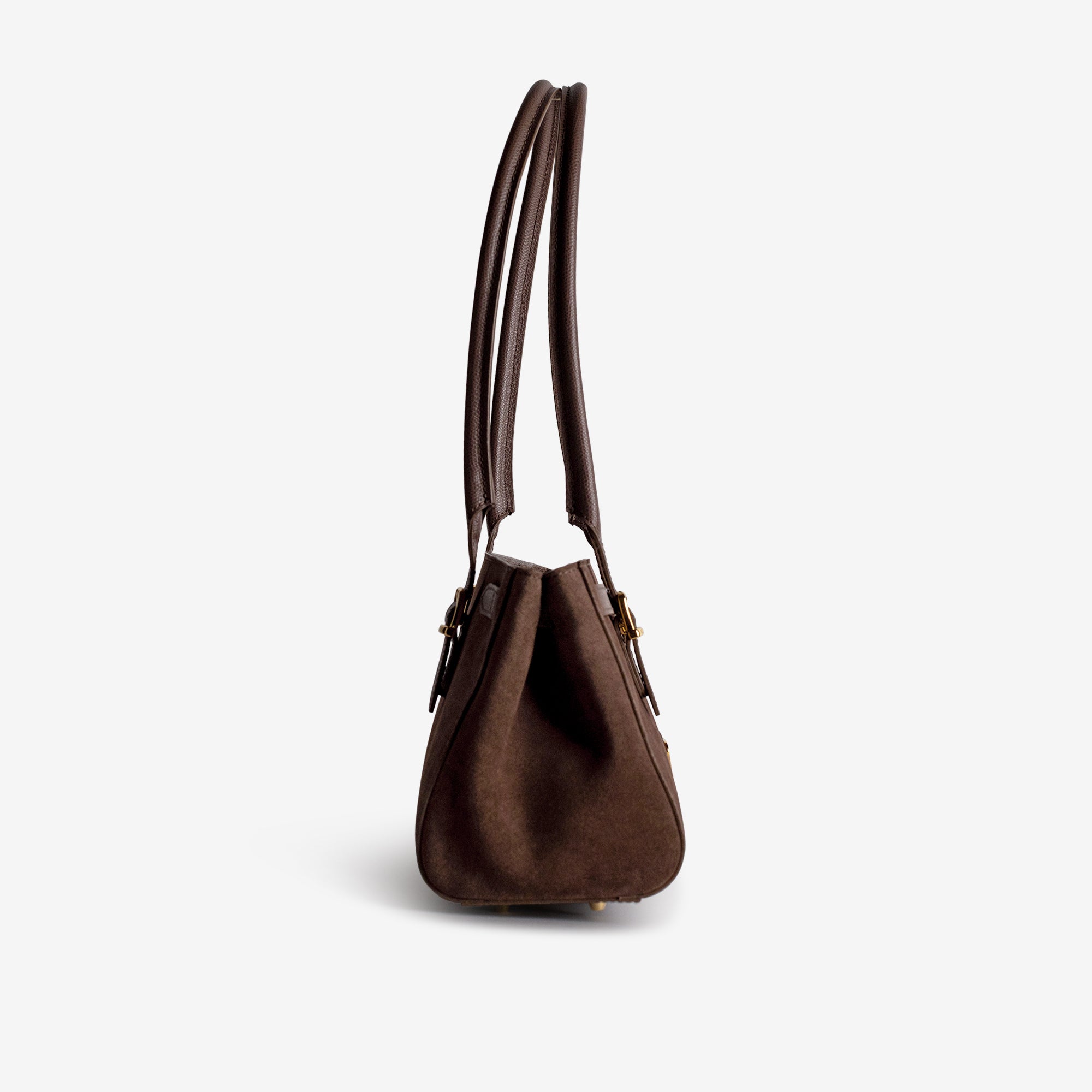RUE | Schultertasche Wildleder braun/gold - seitlich
