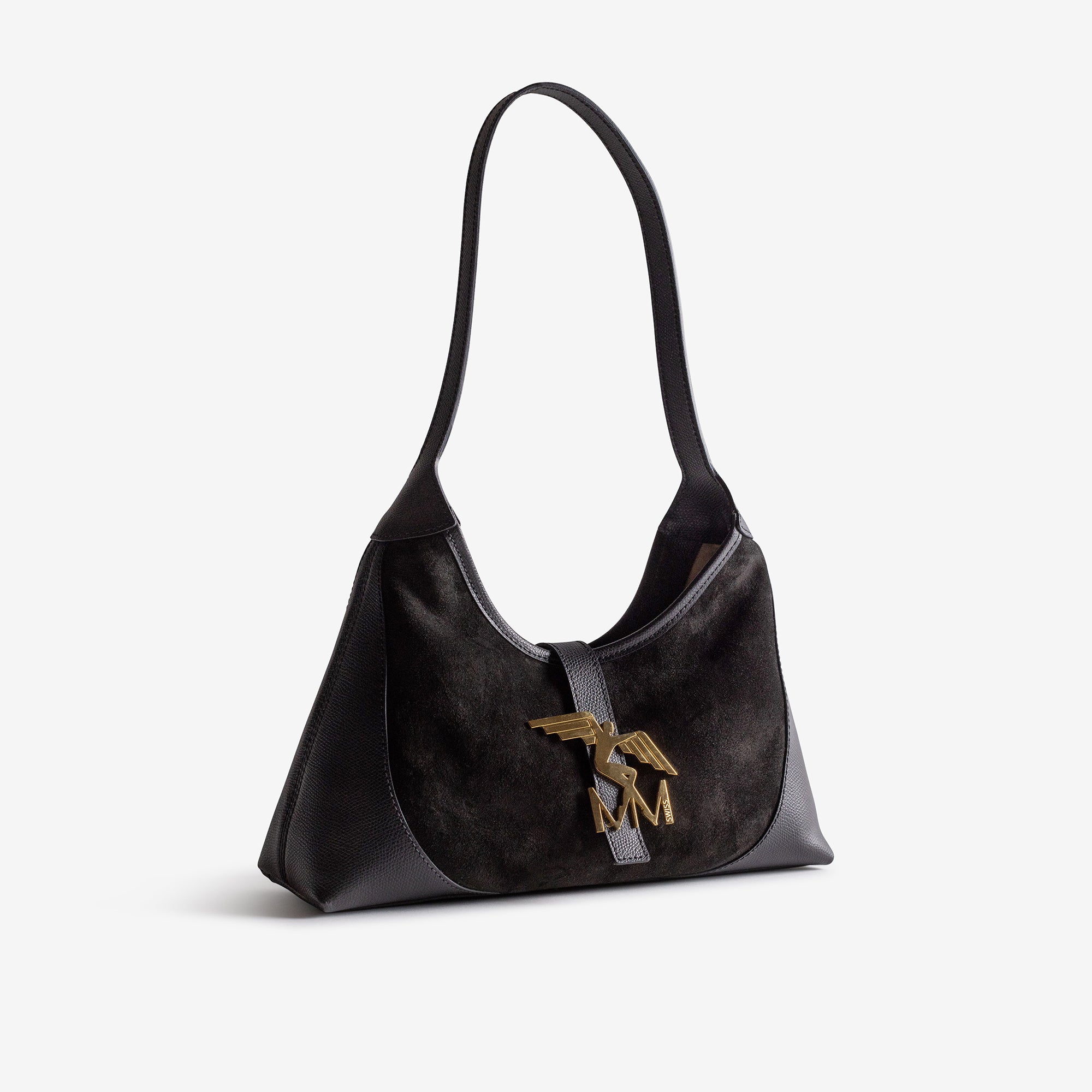 GSTAAD | Schultertasche Wildleder classic schwarz/gold - leicht seitlich