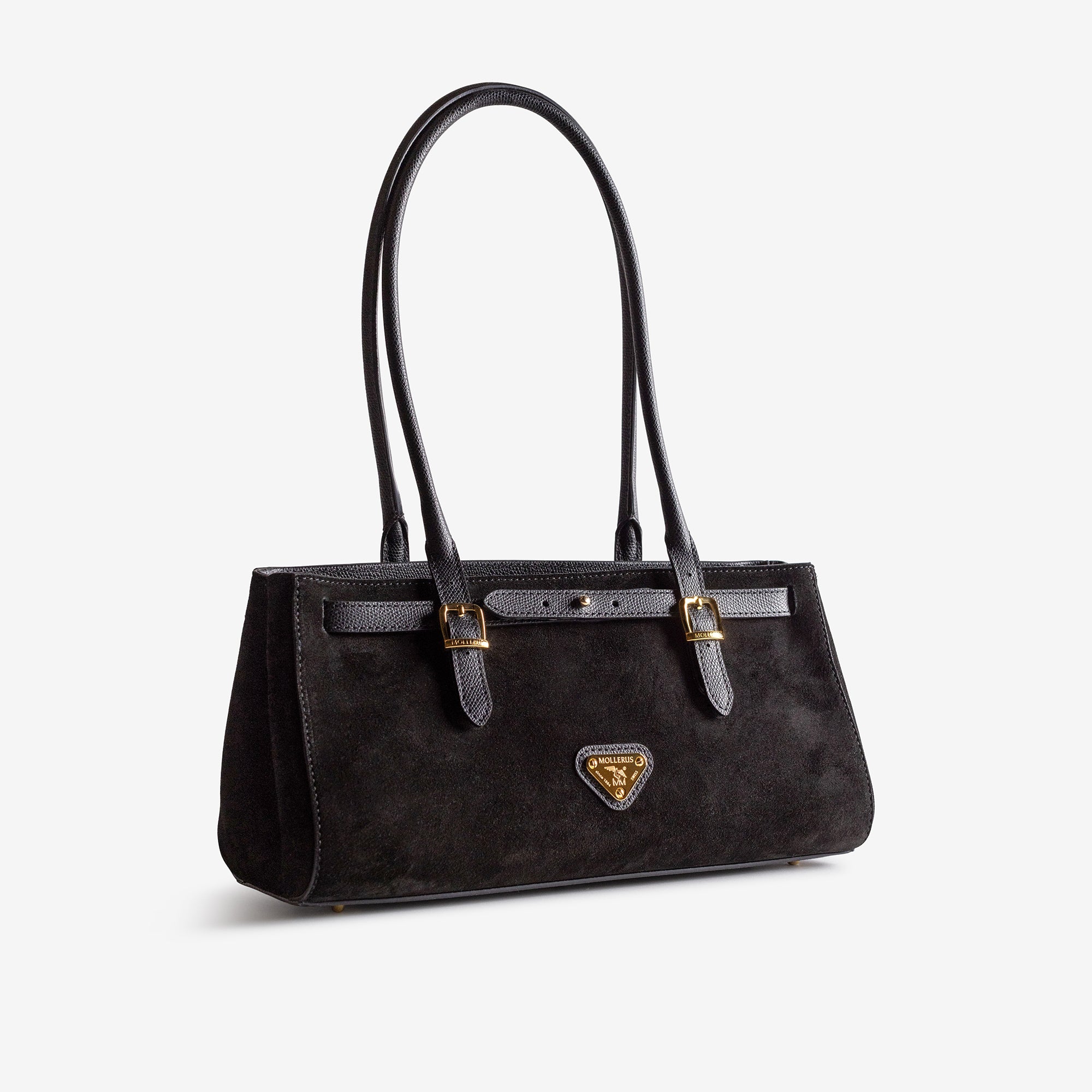 RUE | Schultertasche Wildleder classic schwarz/gold - leicht seitlich