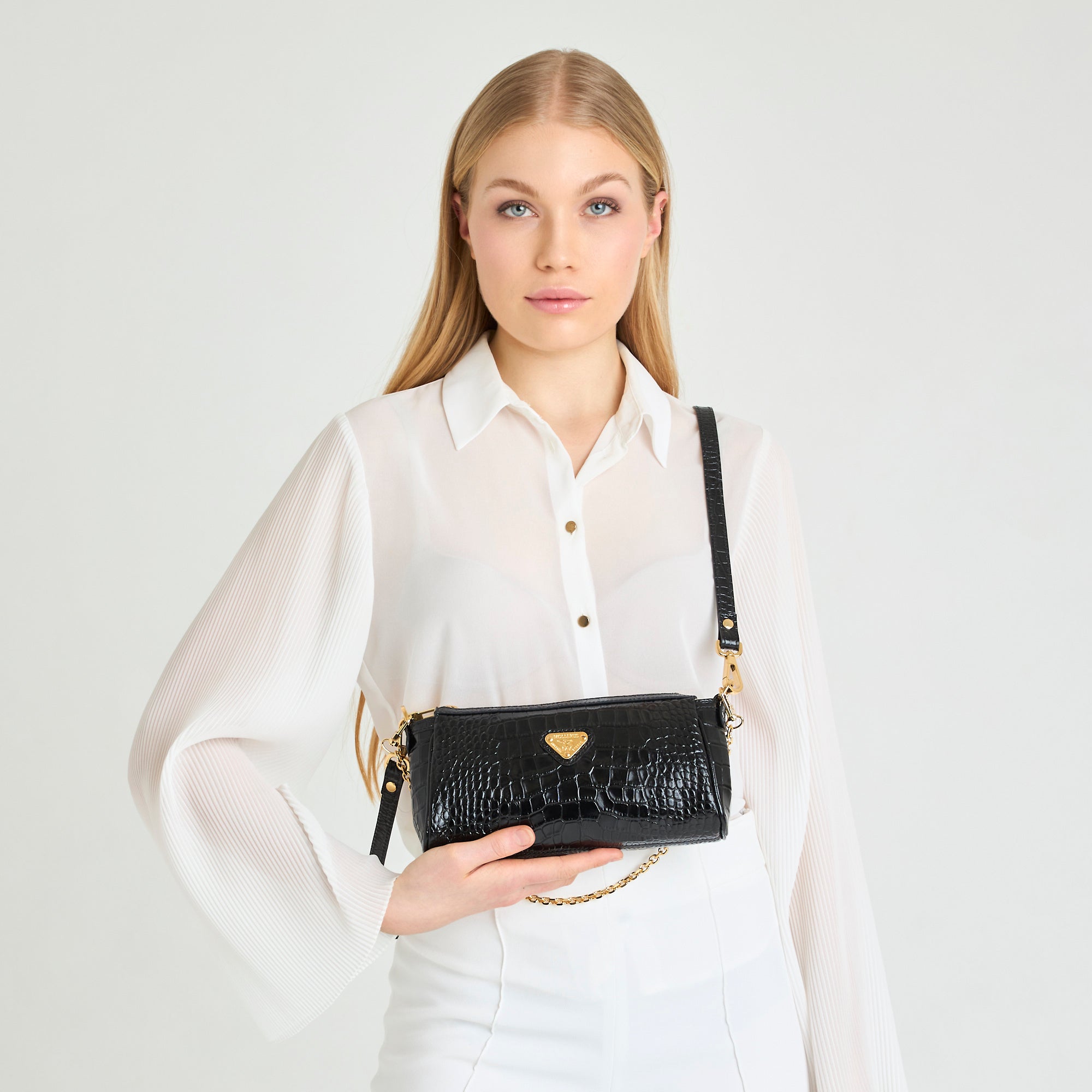 ANDEER | Clutch Croco schwarz/gold - close up