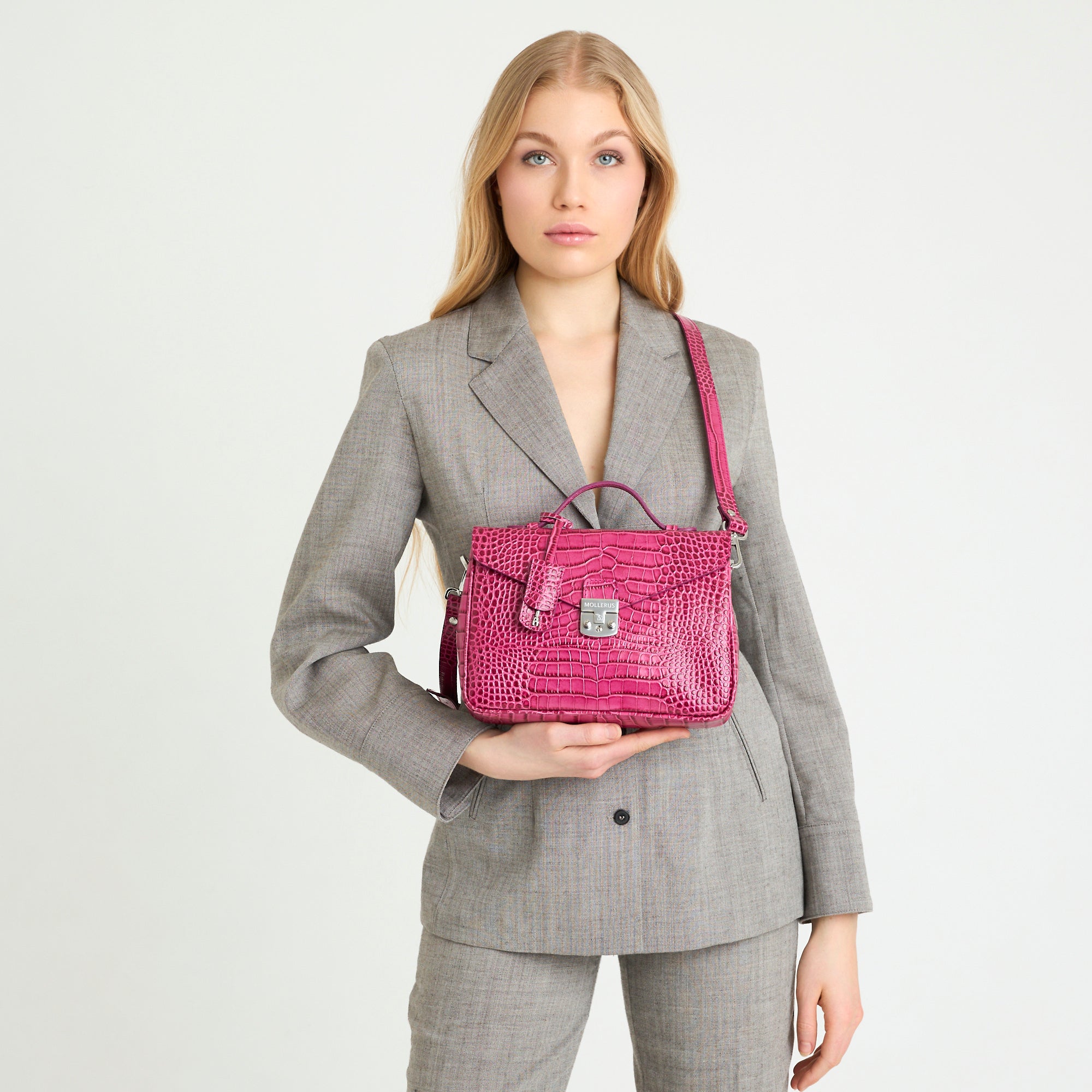MARLY | Umhängetasche Croco blush pink/silber - frontal