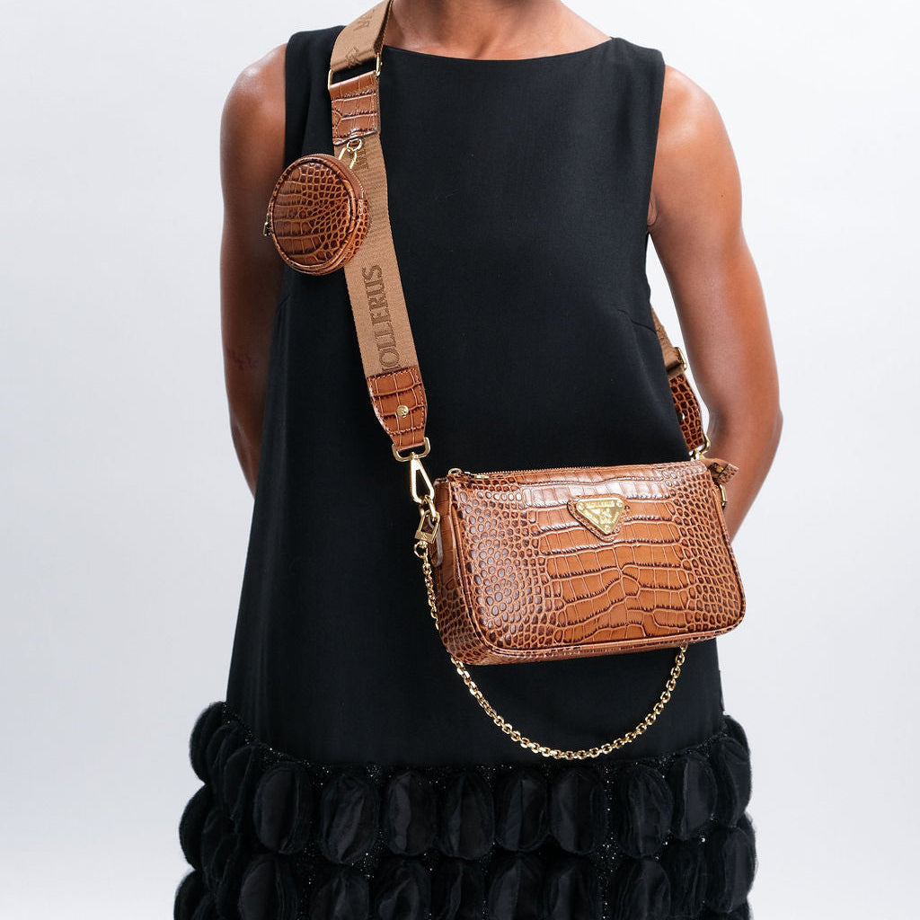 ZELL | Borsa a tracolla Croco honey marrone/oro - indossata