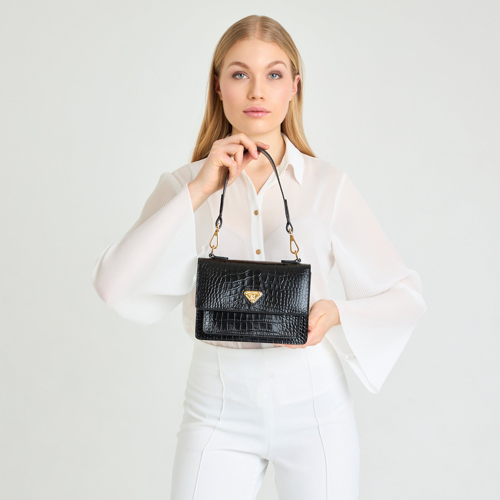 URSY | Umhängetasche croco schwarz/gold - ON BODY