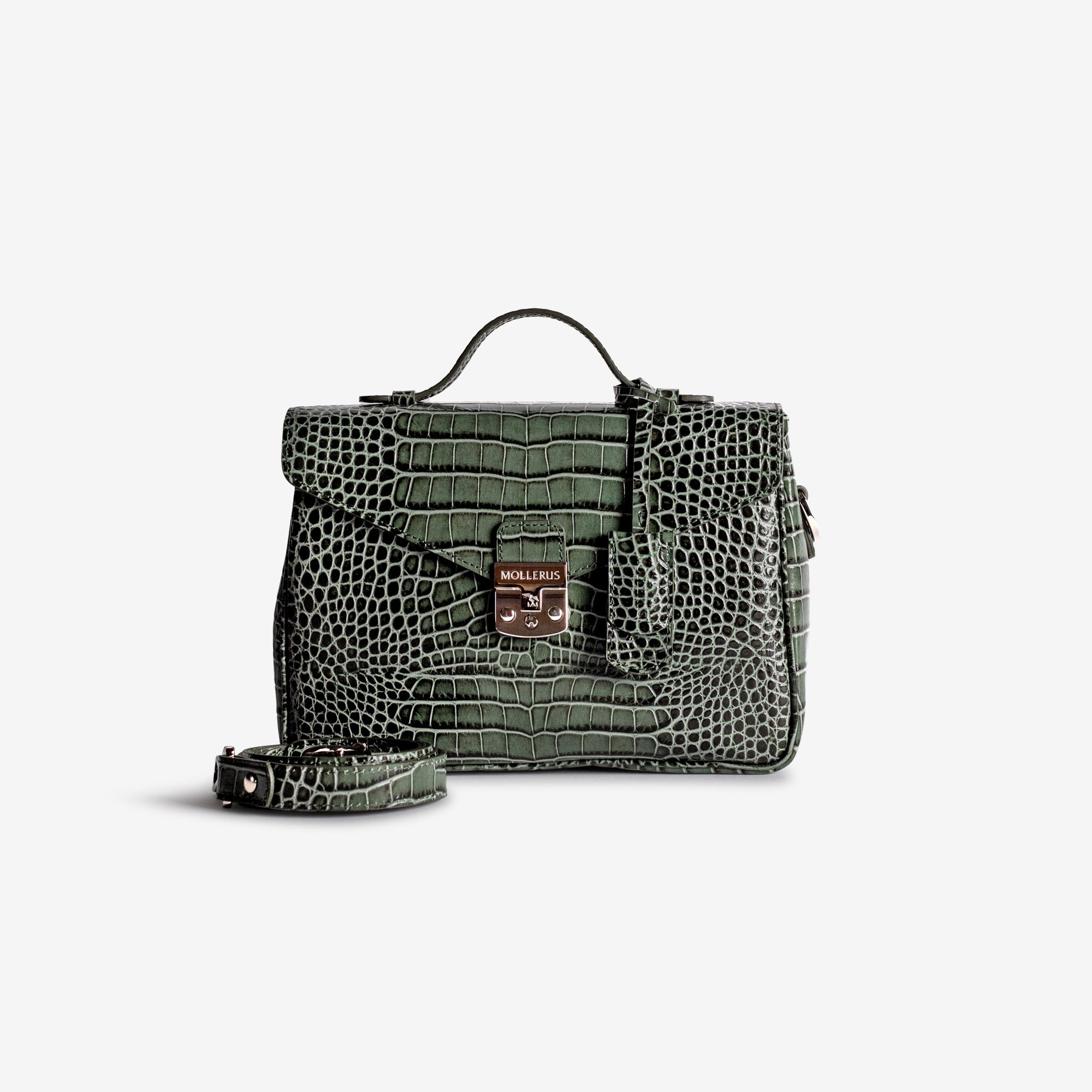 MARLY | Umhängetasche Croco moosgrün/silber – frontal