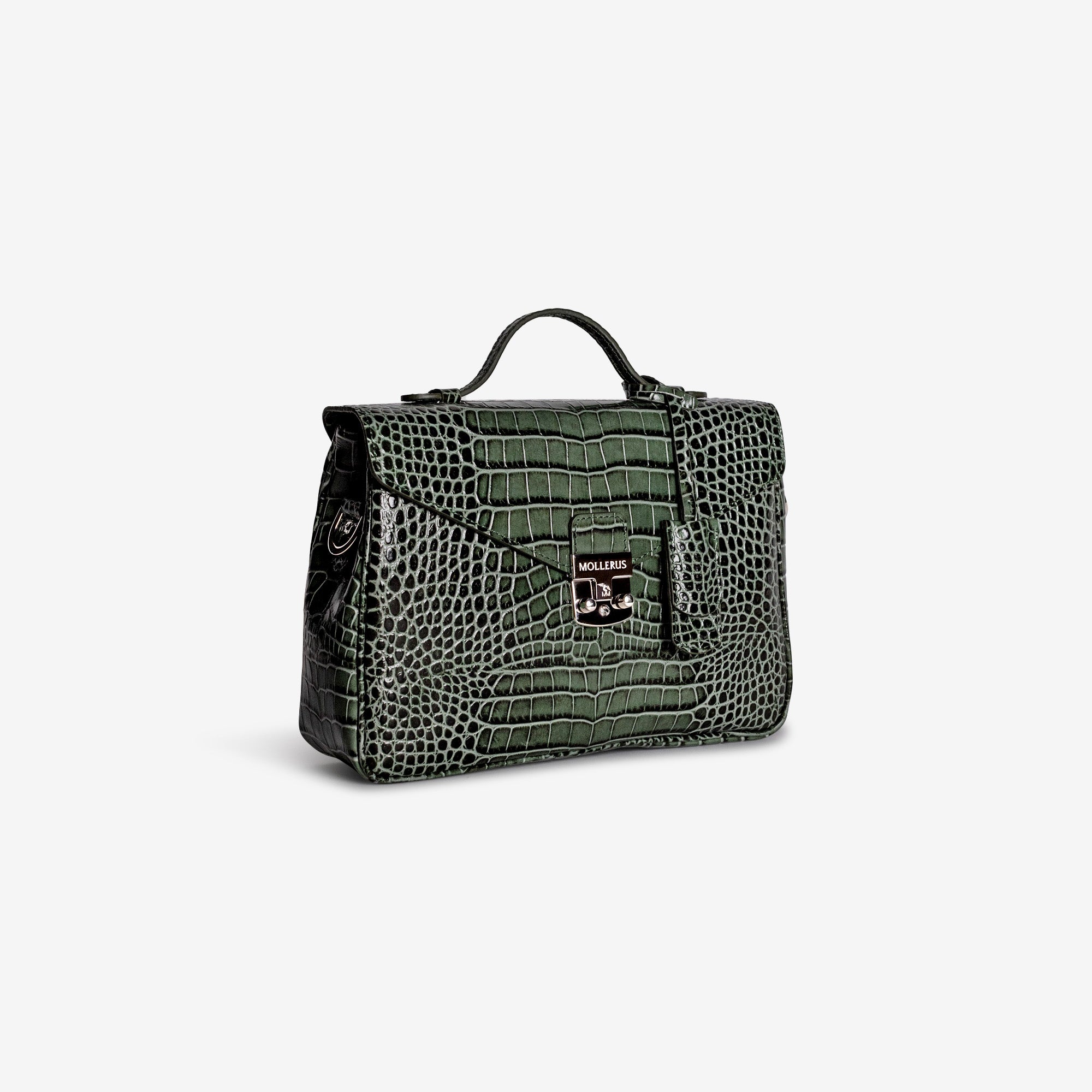 MARLY | Umhängetasche Croco moosgrün/silber – seitlich