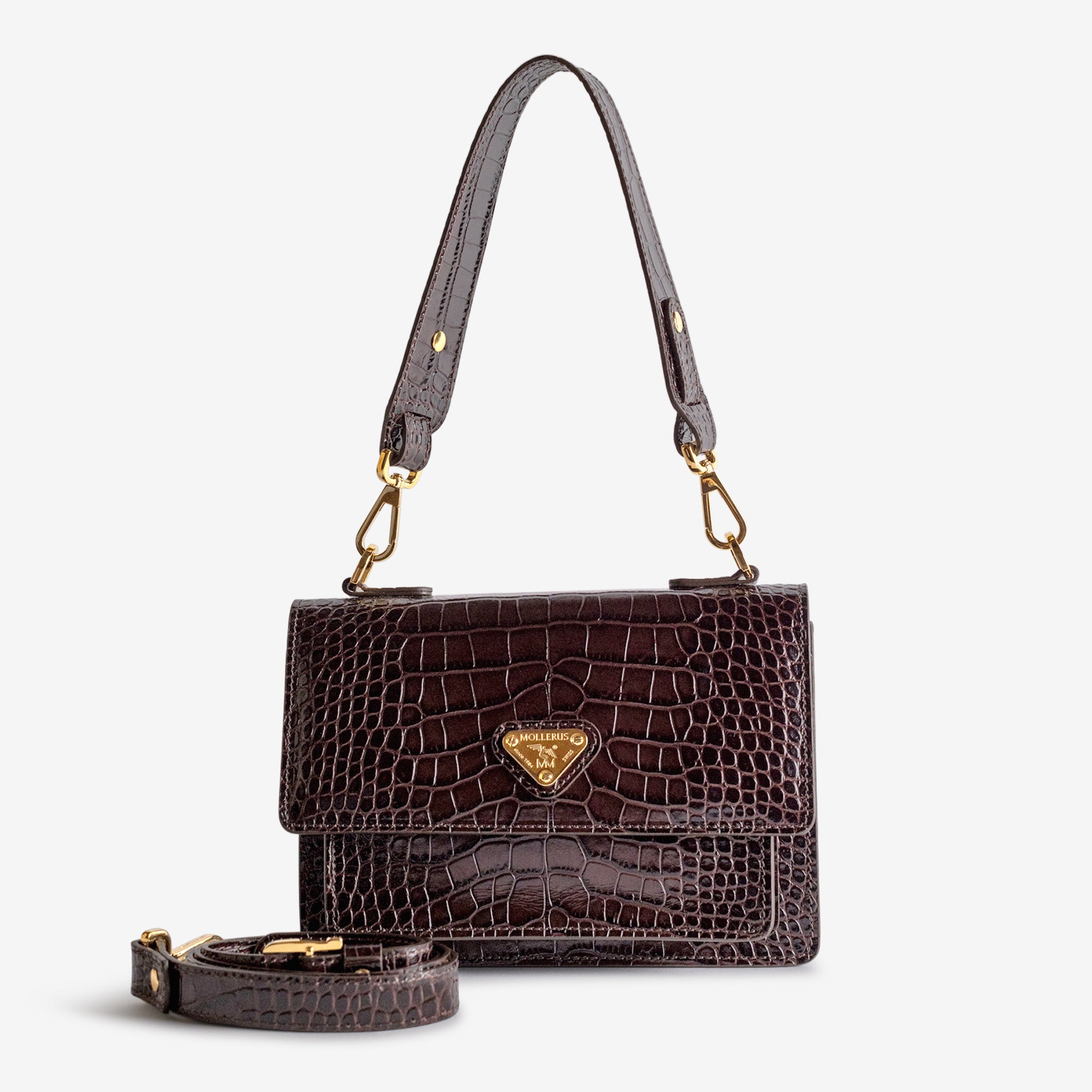 URSY | Umhängetasche Croco burgundy braun/gold – frontal