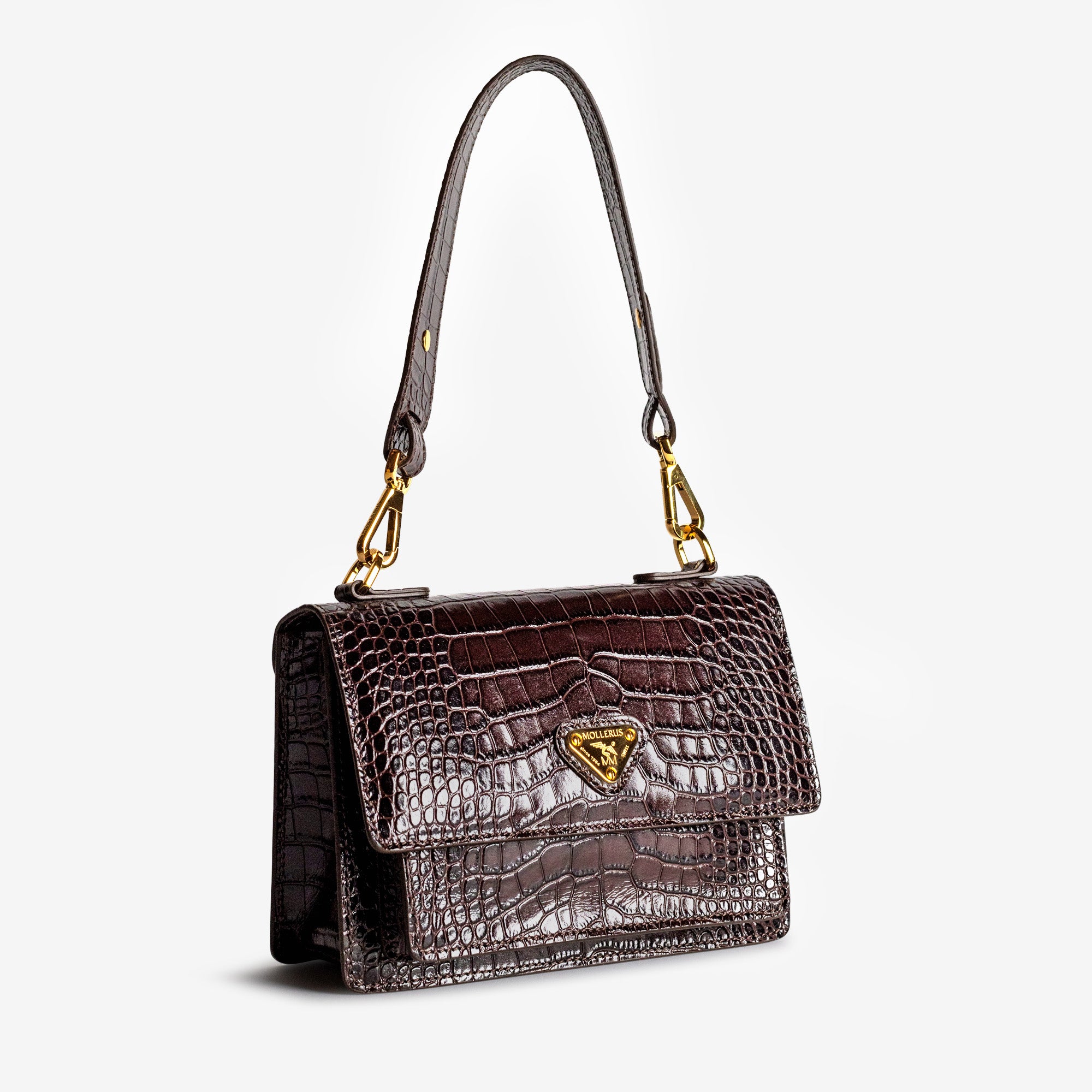 URSY | Umhängetasche Croco burgundy braun/gold – seitlich