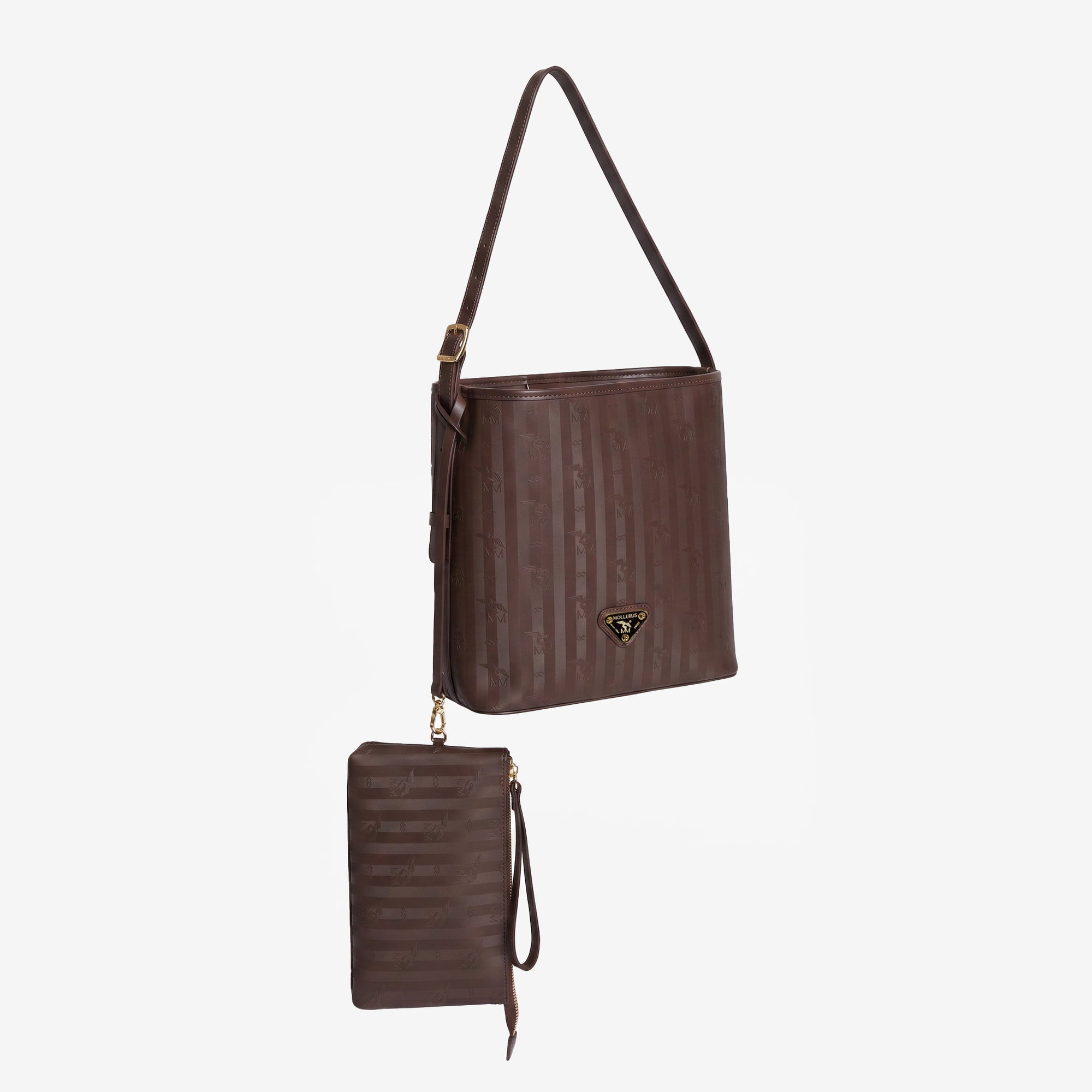 BANNWIL | Beuteltasche terra braun/gold - von vorne hängend 