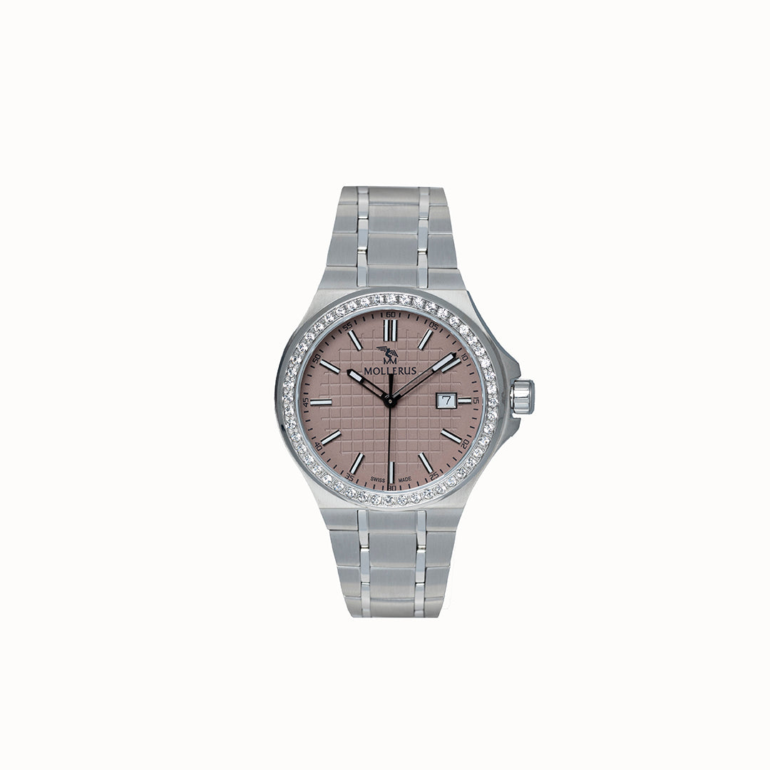 FIRST ENGELBERG |  Armbanduhr Edelstahl Zifferblatt rosé mit Swarovski Lünetten - frontal